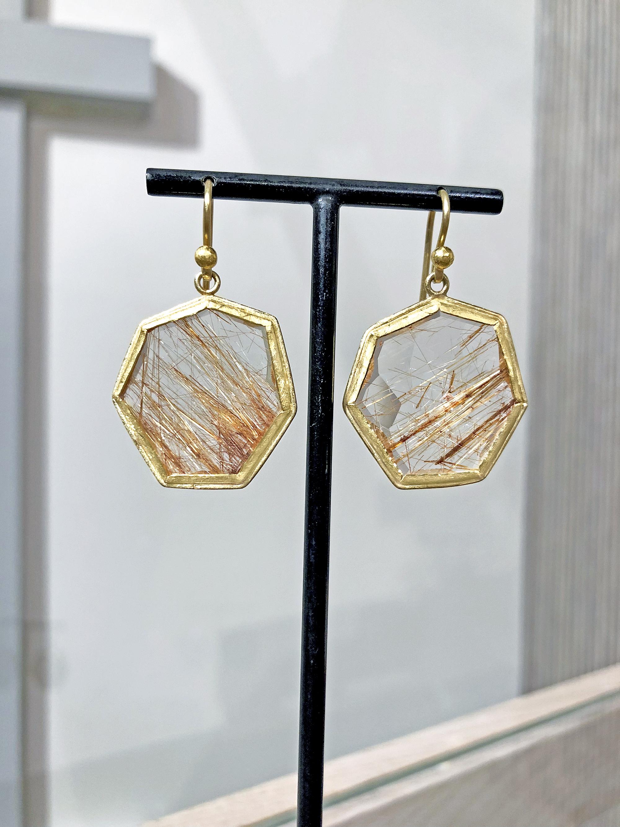 One of a Kind Heptagon Drop Earrings handmade by jewelry designer Petra Class in signature matte-finished 22k yellow gold featuring a matched pair of shimmering faceted rutilated quartz on 18k yellow gold wires. Stamped and Hallmarked 18k / 22k /