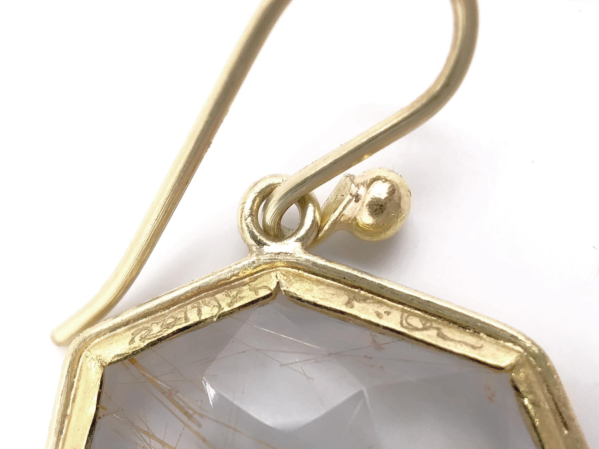 Rose Cut Petra Class One of a Kind Faceted Rutilated Quartz Heptagon Gold Drop Earrings