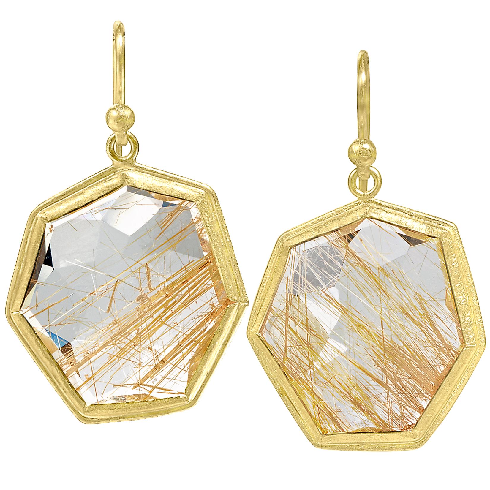 Petra Class One of a Kind Faceted Rutilated Quartz Heptagon Gold Drop Earrings