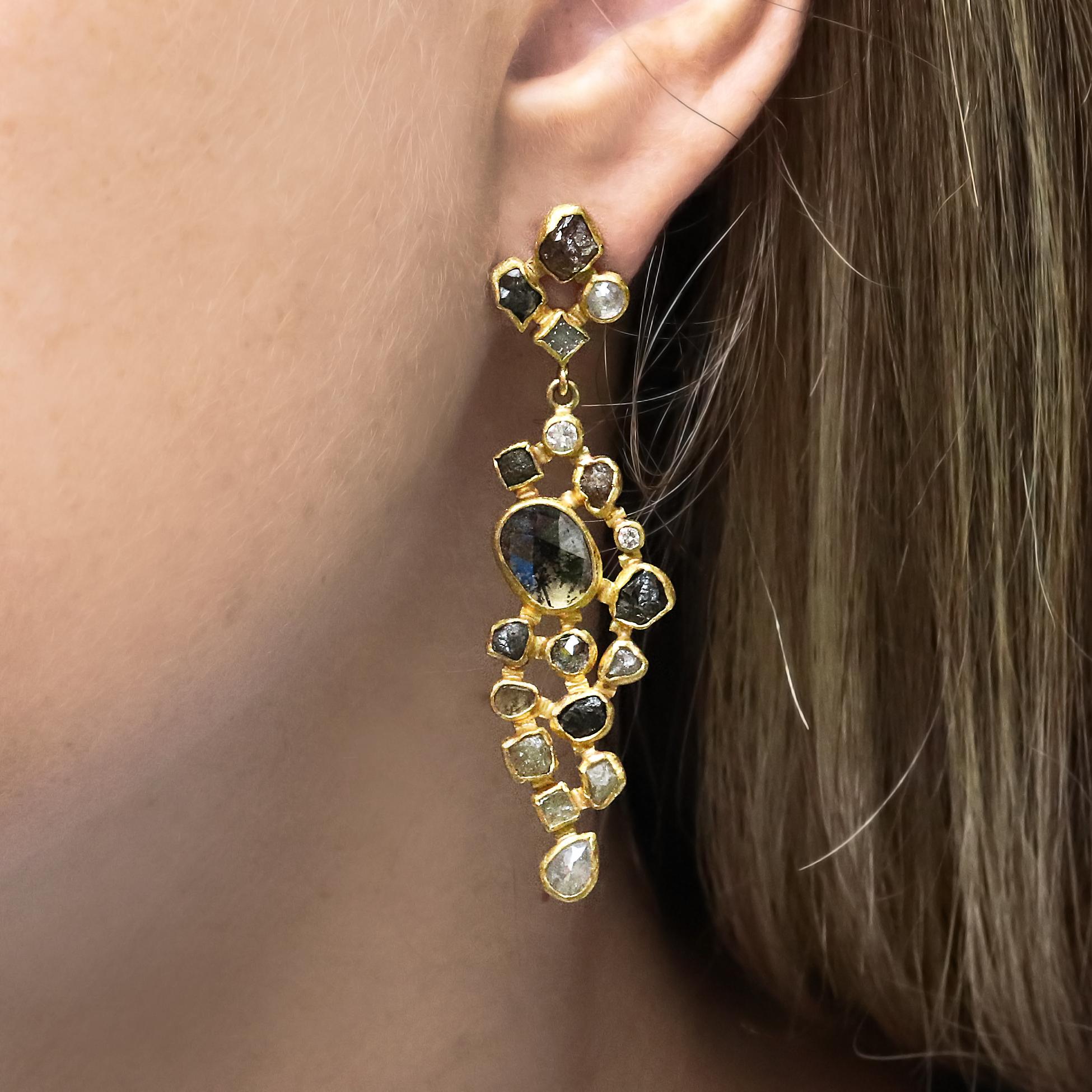 One of a Kind Mosaic Diamond Drop Earrings hand-fabricated by jewelry maker Petra Class featuring 10.04 total carats of assorted brilliant-cut, faceted, rose-cut, and rough diamonds, all bezel-set in signature-finished 22k yellow gold on 18k yellow