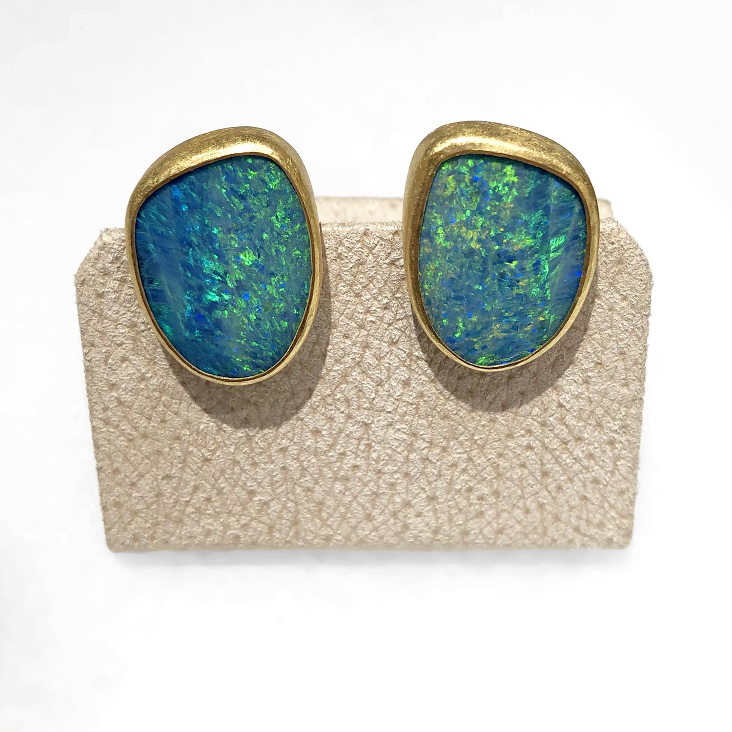 Artist Petra Class One-of-a-Kind Opal Doublet Gold Large Clip Stud Earrings