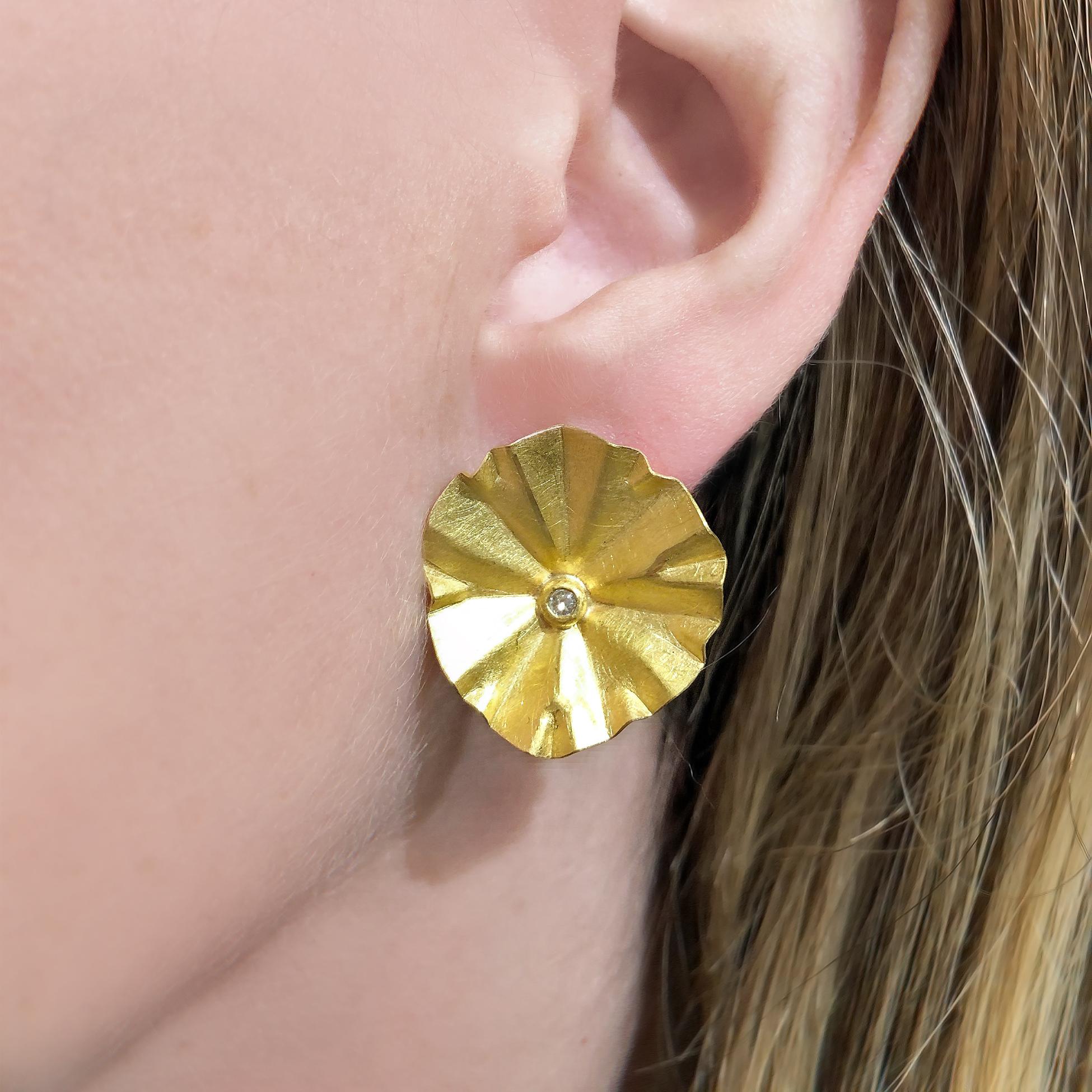 Large Gold Lotus Ruffle Earrings handcrafted by acclaimed jewelry maker Petra Class in lustrous, finely-textured 22k yellow gold accented with rounded brilliant-cut white diamonds and finished on 18k gold posts with large backs. Stamped and