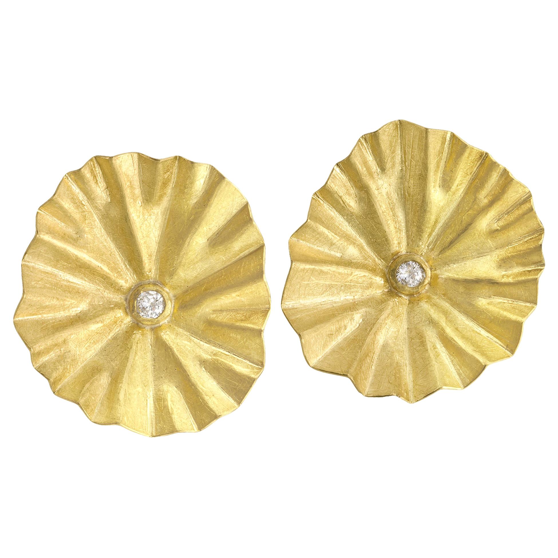Petra Class White Diamond Large Gold Lotus Ruffle Stud Earrings