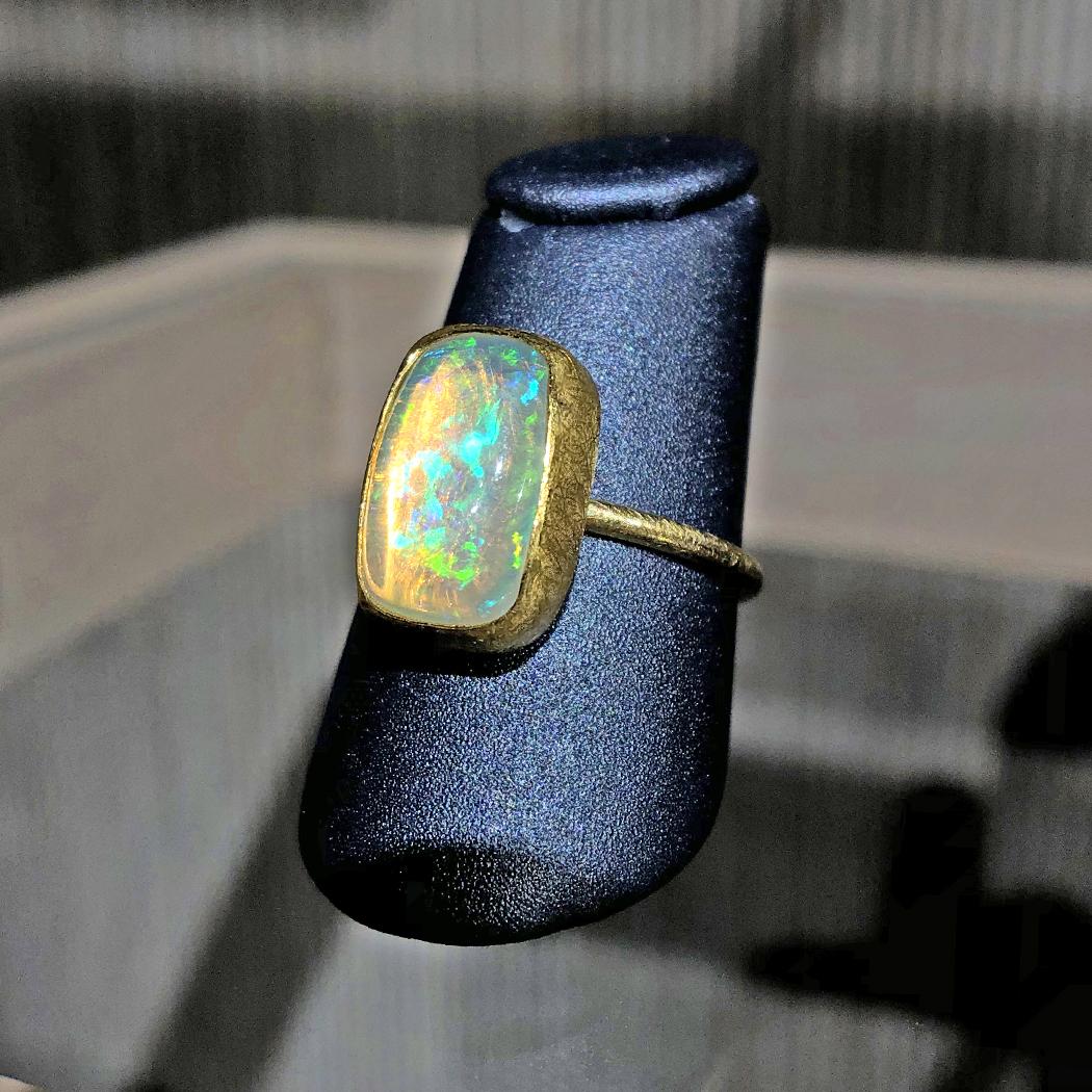 Cushion Cut Petra Class White Ethiopian Opal Cabochon Matte Gold Ring