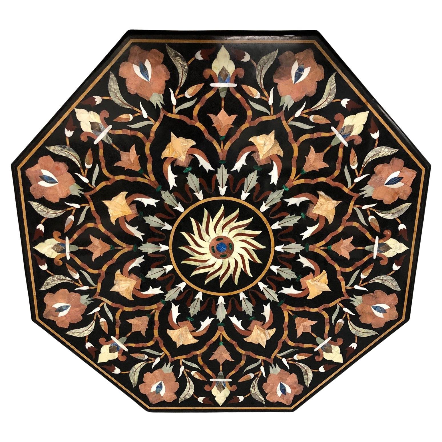 Pietra Dura Mosaic Octagon Dining Table Top Marble with Semi-Precious Stones For Sale