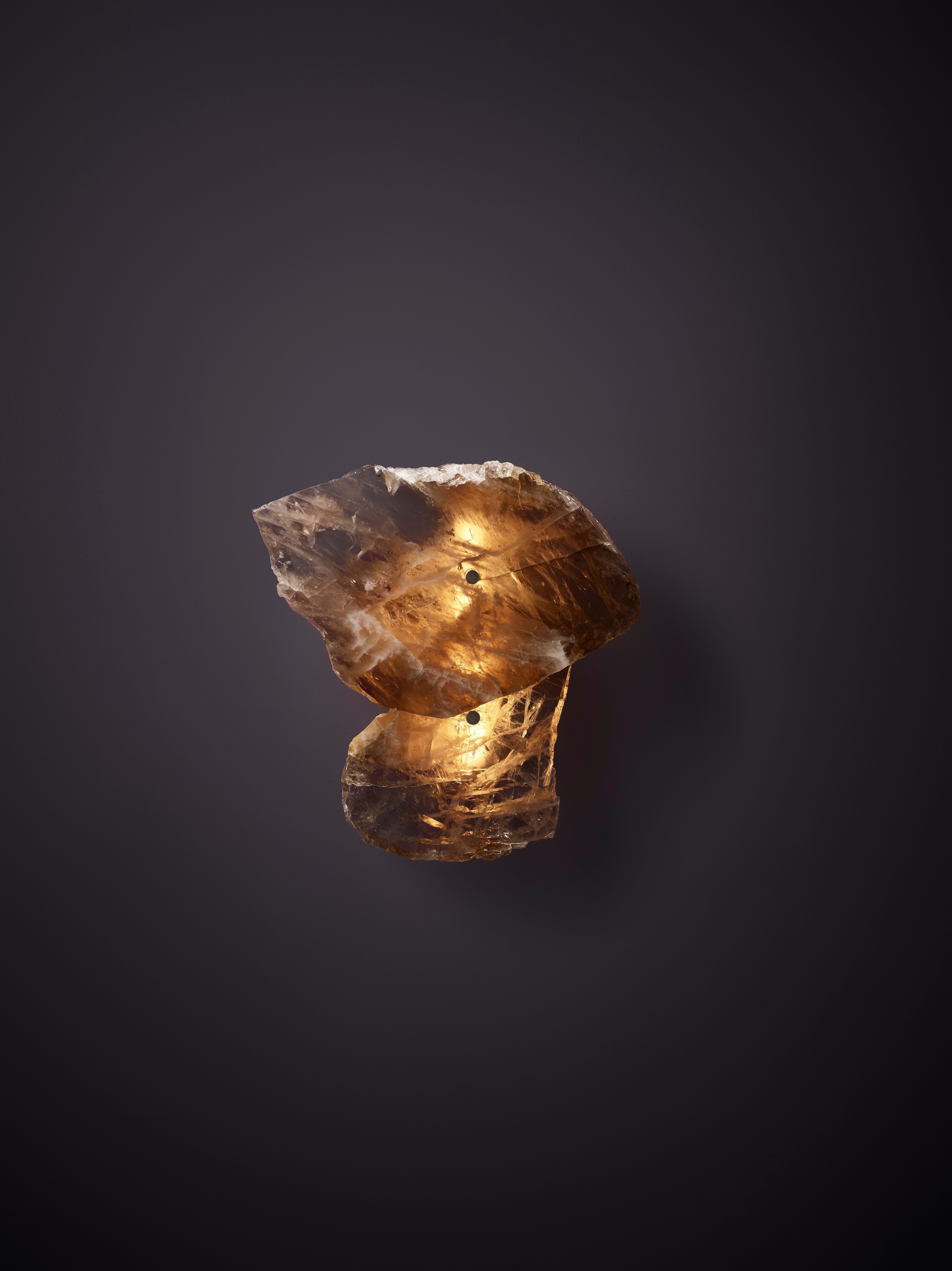Brass Organic Shape, Slice of Twin Rose Quartz Sconce by Christopher Boots For Sale