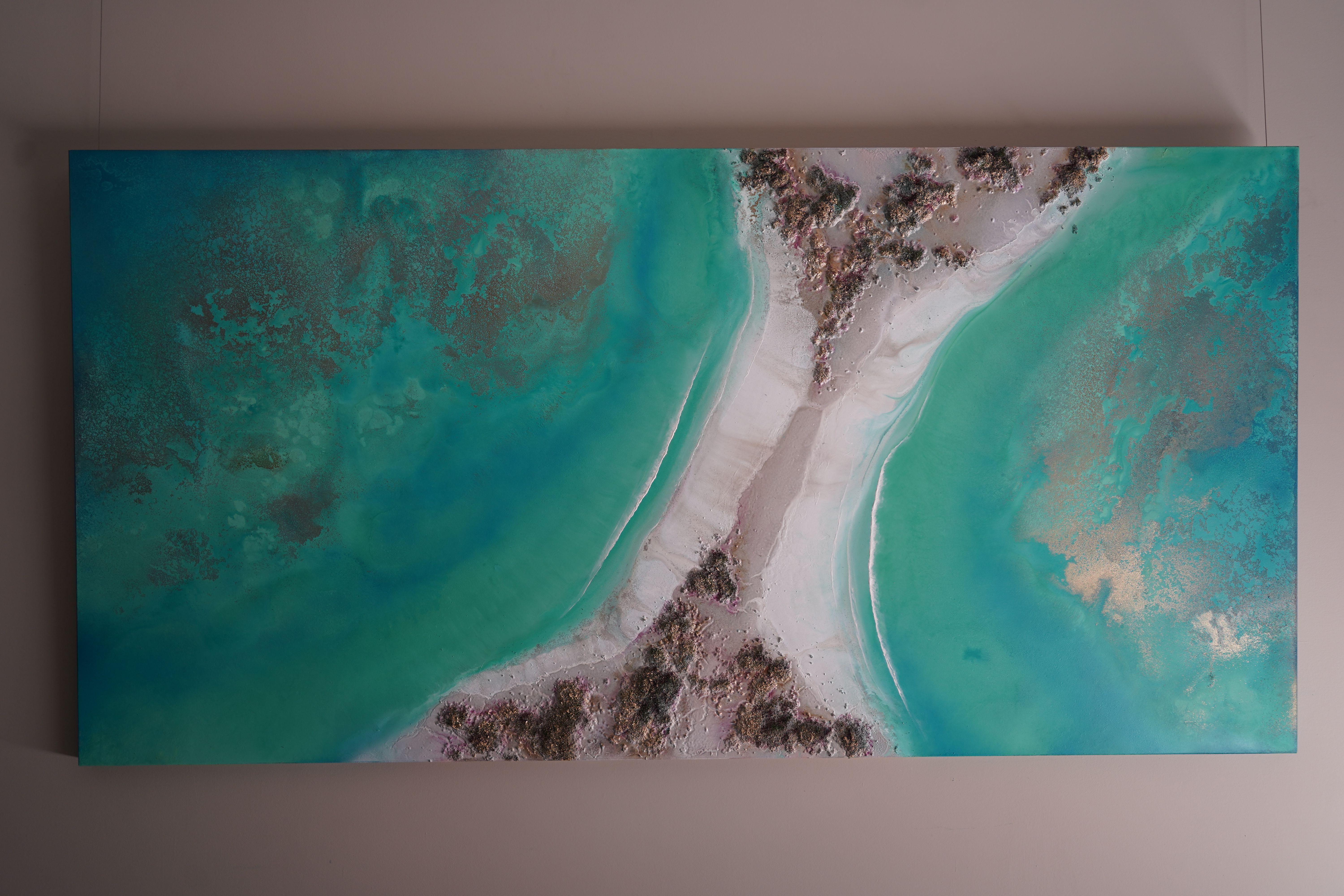 Coral Reef Symphony is a 3 dimensional, aerial view of a patch on the Great Barrier Reef.    For the best close up look at the details in this piece, view the video below.    Detailed with intense pigmented colored inks for maximum vibrancy and