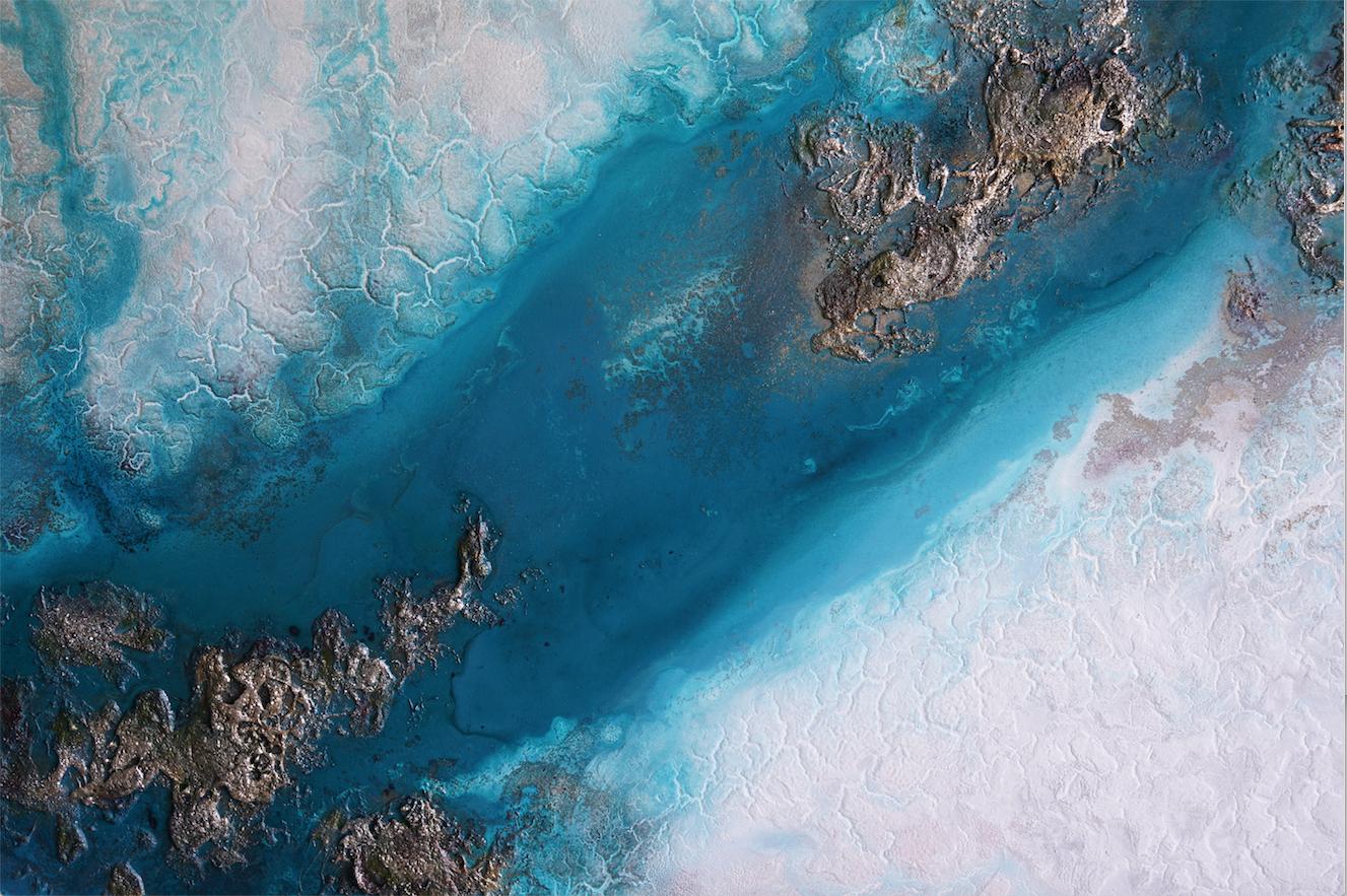 Sandbar ChannelÂ by Petra Meikle de Vlas is a 3 dimensional, aerial view of a patch on the Great Barrier Reef.    A mixed media fluid painting on a wooden panel.    This collection represents the effects of reactions between mixed mediums. The power