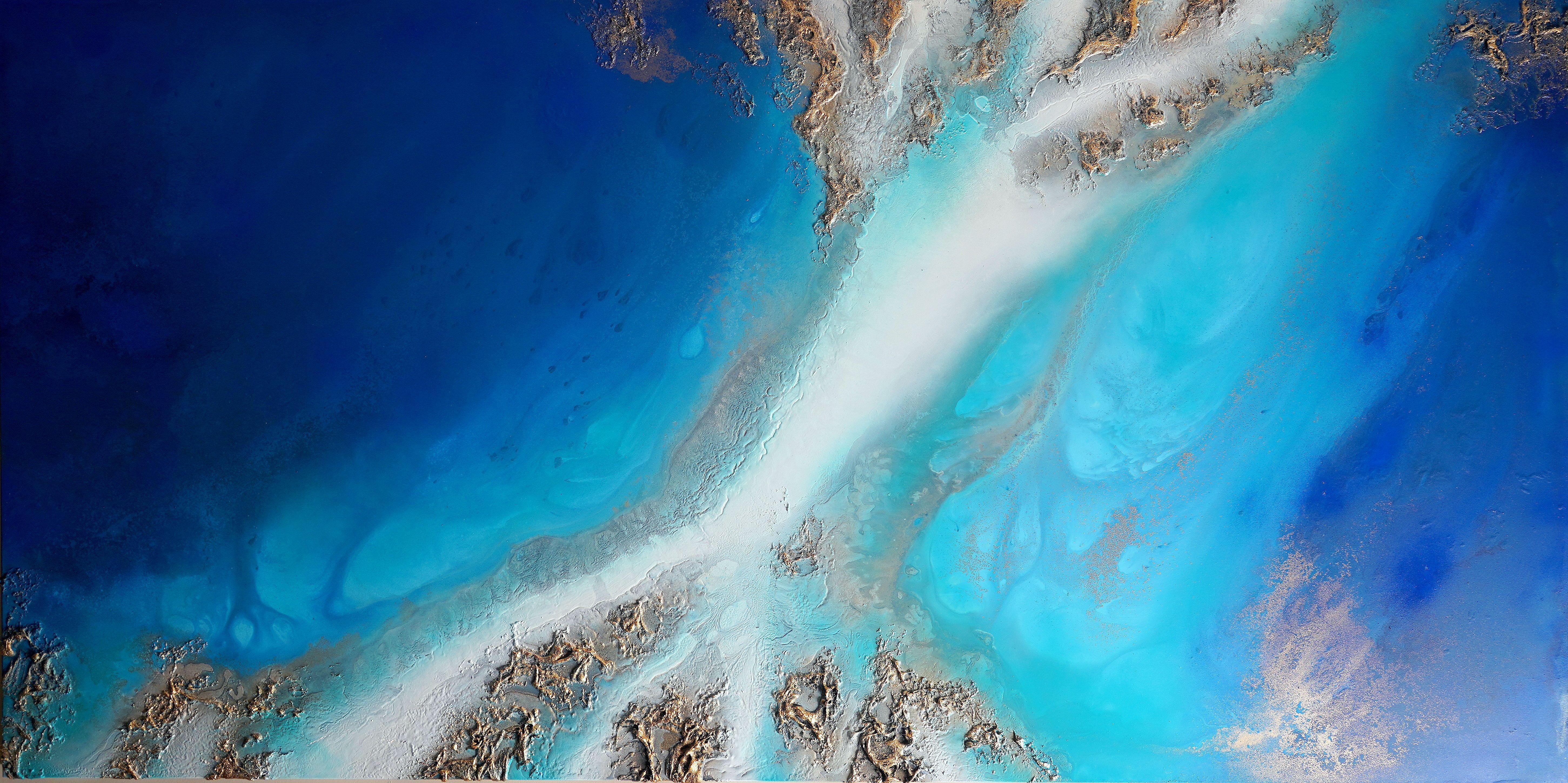 Sea of Secrets by Petra Meikle de Vlas is a 3 dimensional, aerial view of a patch on the Great Barrier Reef.    A mixed media fluid painting on a wooden panel.    This collection represents the effects of reactions between mixed mediums. The power