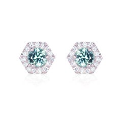PETRA Mini Green Sapphire Hexagon Diamond Halo Stud Earrings in 18k Gold
