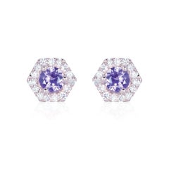 Petra Mini Purple Sapphire Hexagon Diamond Halo Stud Earrings in 18k Gold