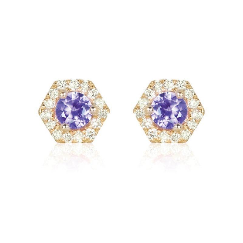 Modern Petra Mini Purple Sapphire Hexagon Diamond Halo Stud Earrings in 18k Gold For Sale