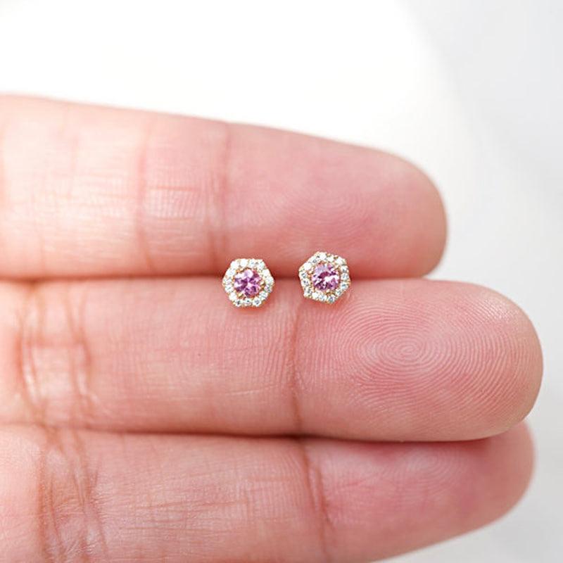 Round Cut Petra Mini Purple Sapphire Hexagon Diamond Halo Stud Earrings in 18k Gold For Sale