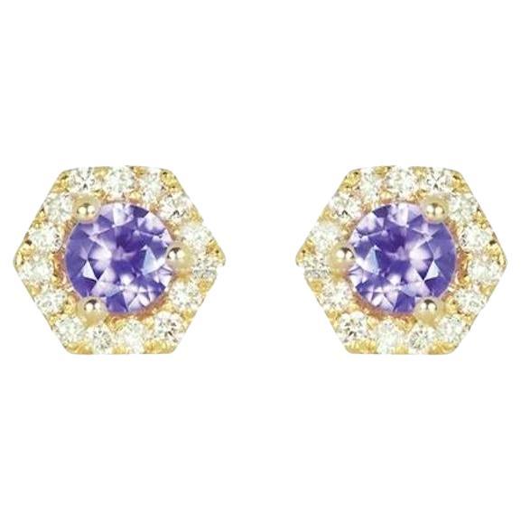 Petra Mini Purple Sapphire Hexagon Diamond Halo Stud Earrings in 18k Gold