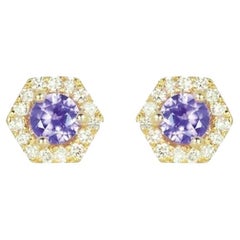 Petra Mini Purple Sapphire Hexagon Diamond Halo Stud Earrings in 18k Gold