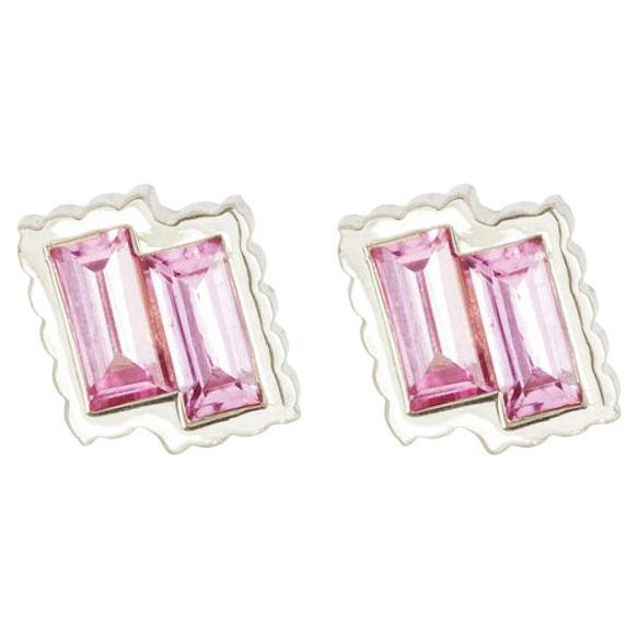 PETRA Pink Sapphire Twin Baguette Stud Earrings in 18k White Gold For Sale