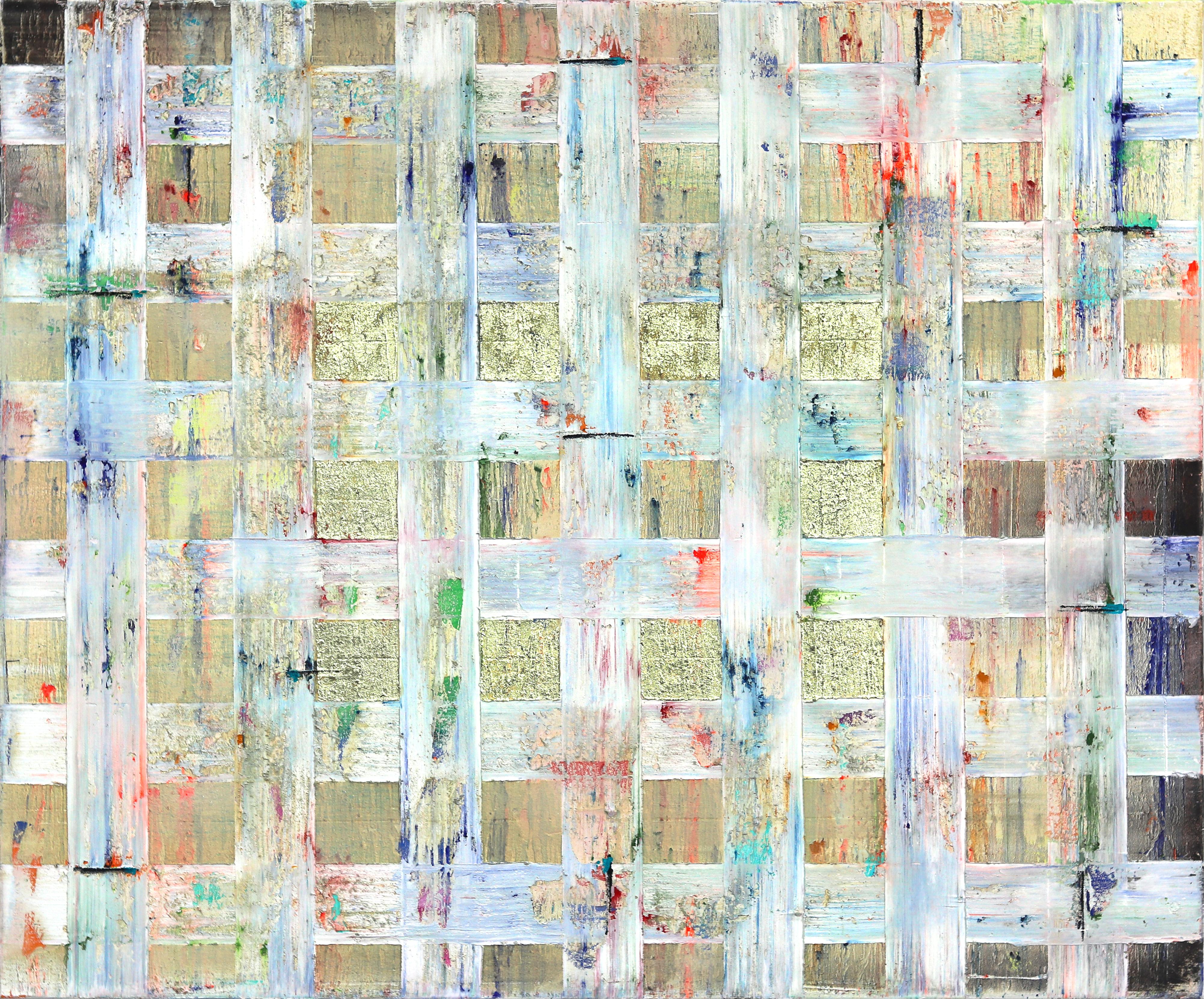 Grandes campos dorados -  Pintura geométrica abstracta de colores - Mixed Media Art de Petra Rös-Nickel