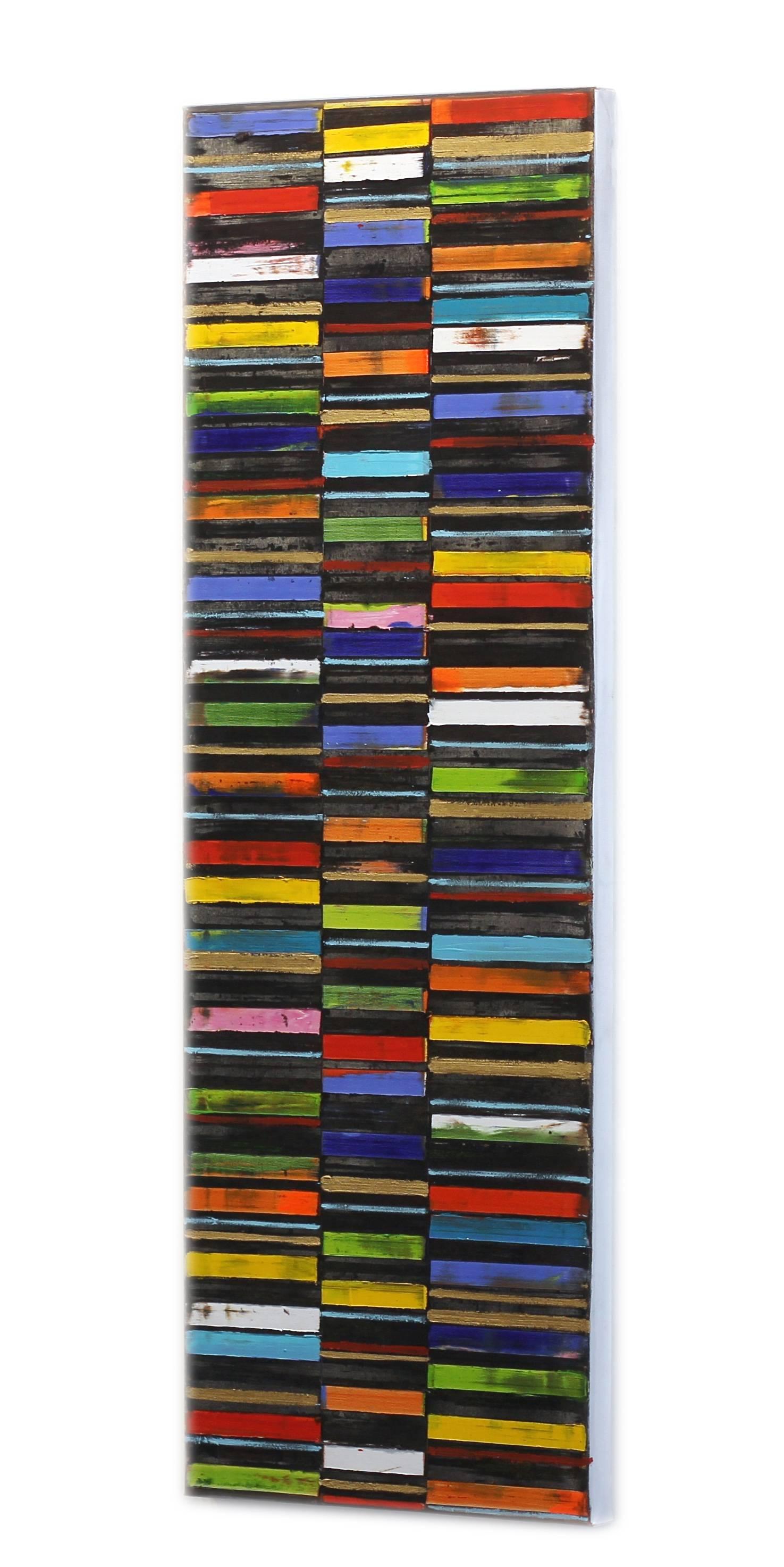 Code Geometrisches Schwarz – farbenfrohes Ölgemälde mit Streifen und Muster mit Textur (Orange), Abstract Painting, von Petra Rös-Nickel