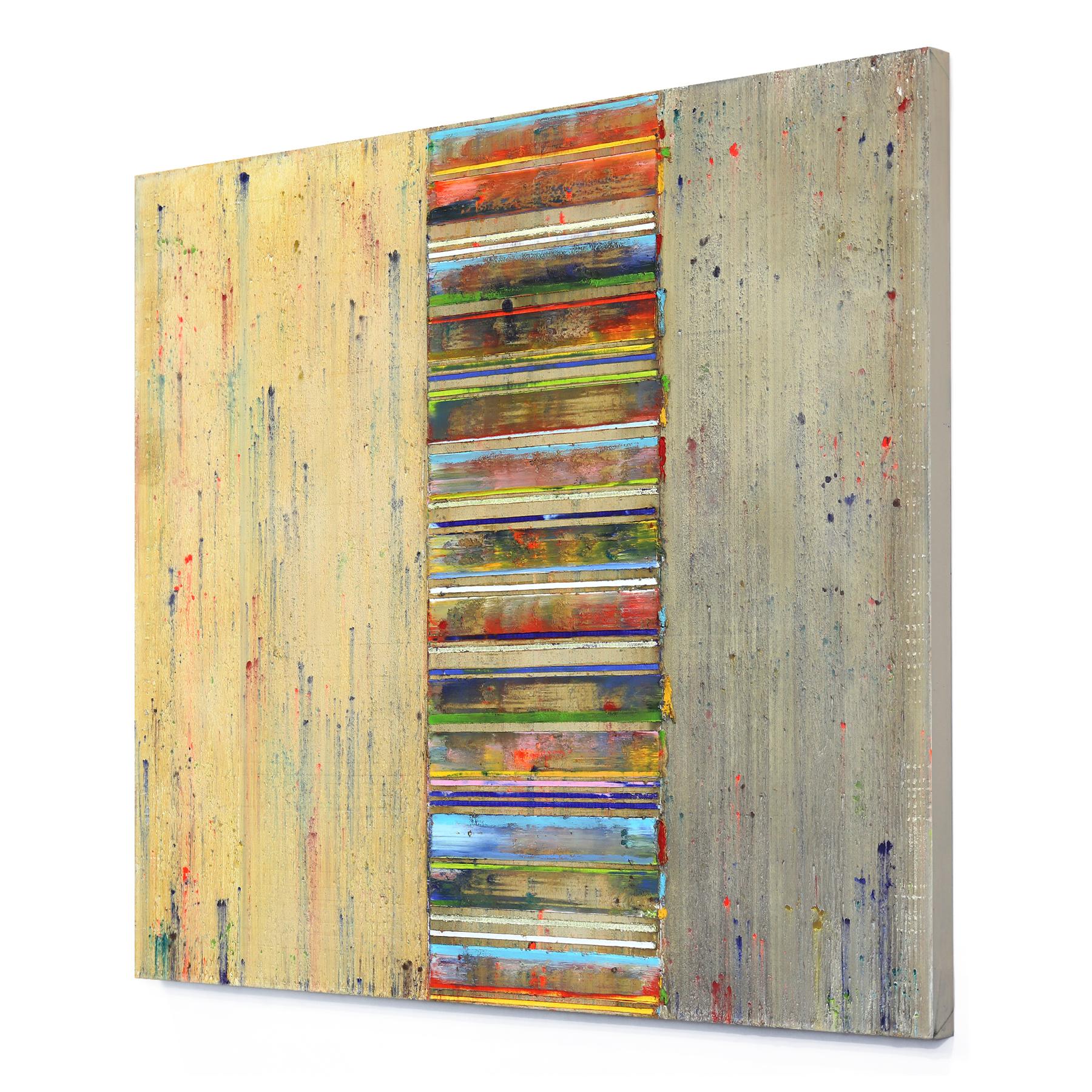 Pellicola di colore - Pittura ad olio astratta geometrica colorata e testurizzata in vendita 1