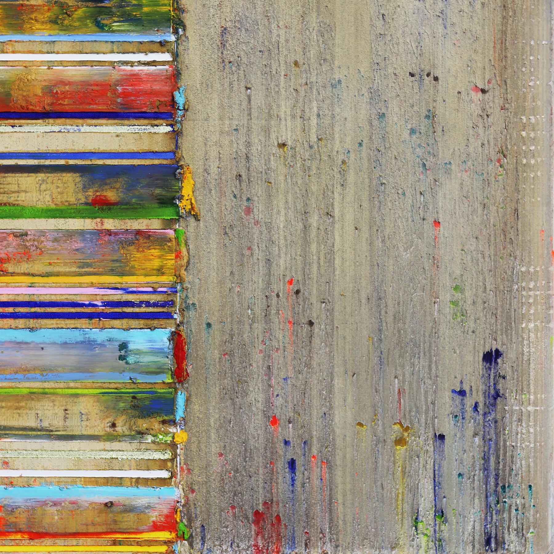 Pellicola di colore - Pittura ad olio astratta geometrica colorata e testurizzata in vendita 2