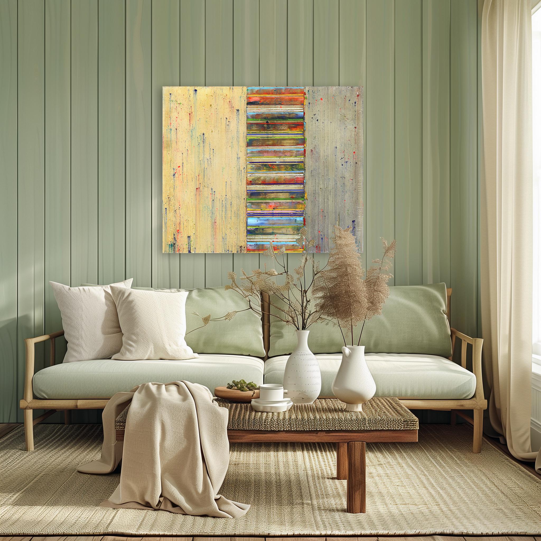 Pellicola di colore - Pittura ad olio astratta geometrica colorata e testurizzata in vendita 4