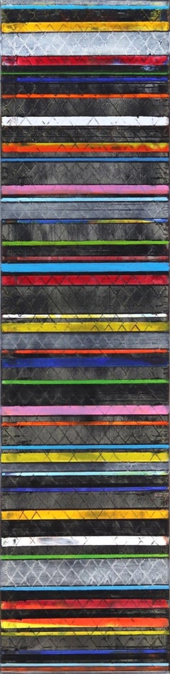 Color Lines in Black - Original Colorful Oil Painting Stripes with Texture