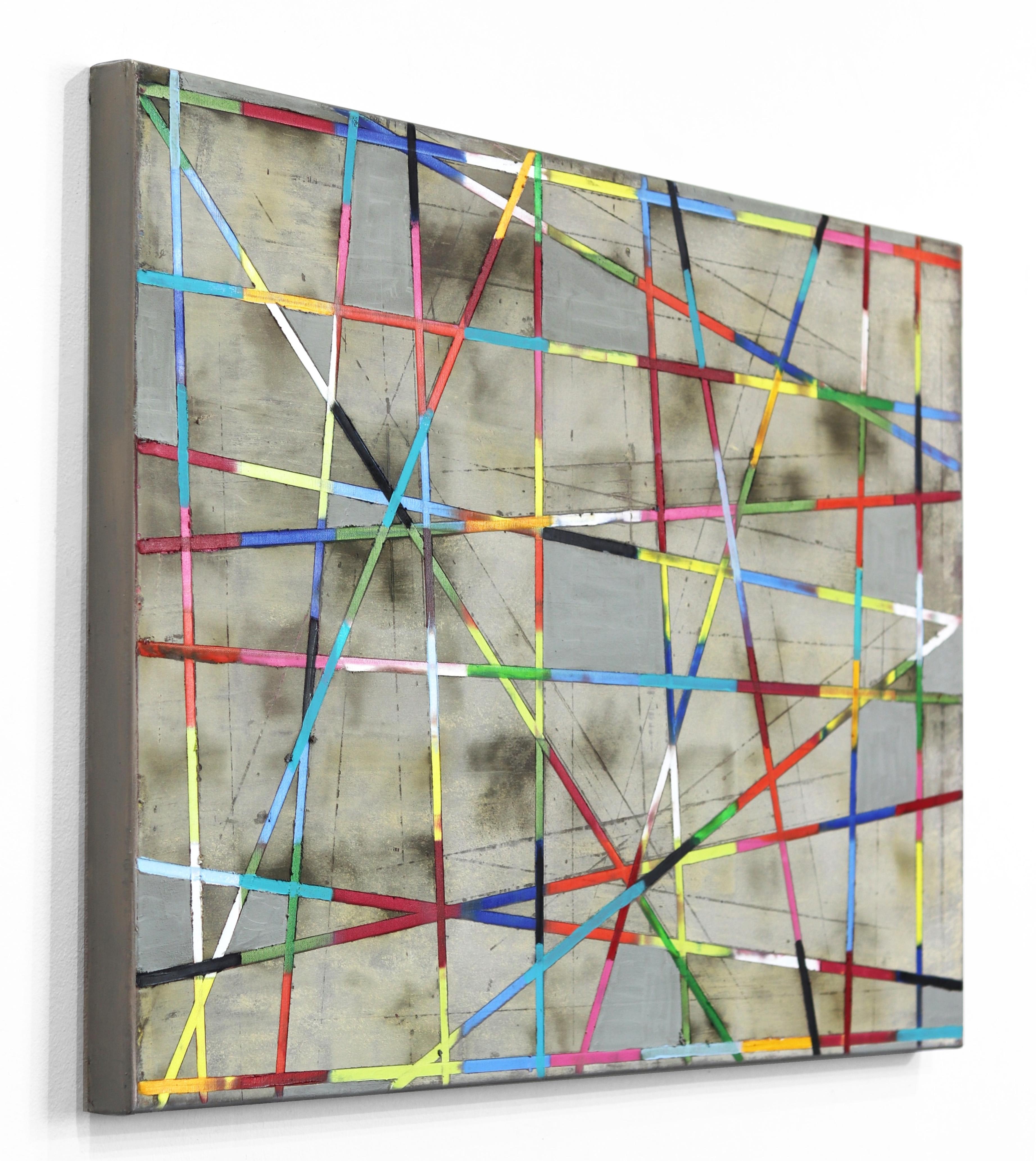 Strisce incrociate -  Pittura geometrica astratta colorata in vendita 1