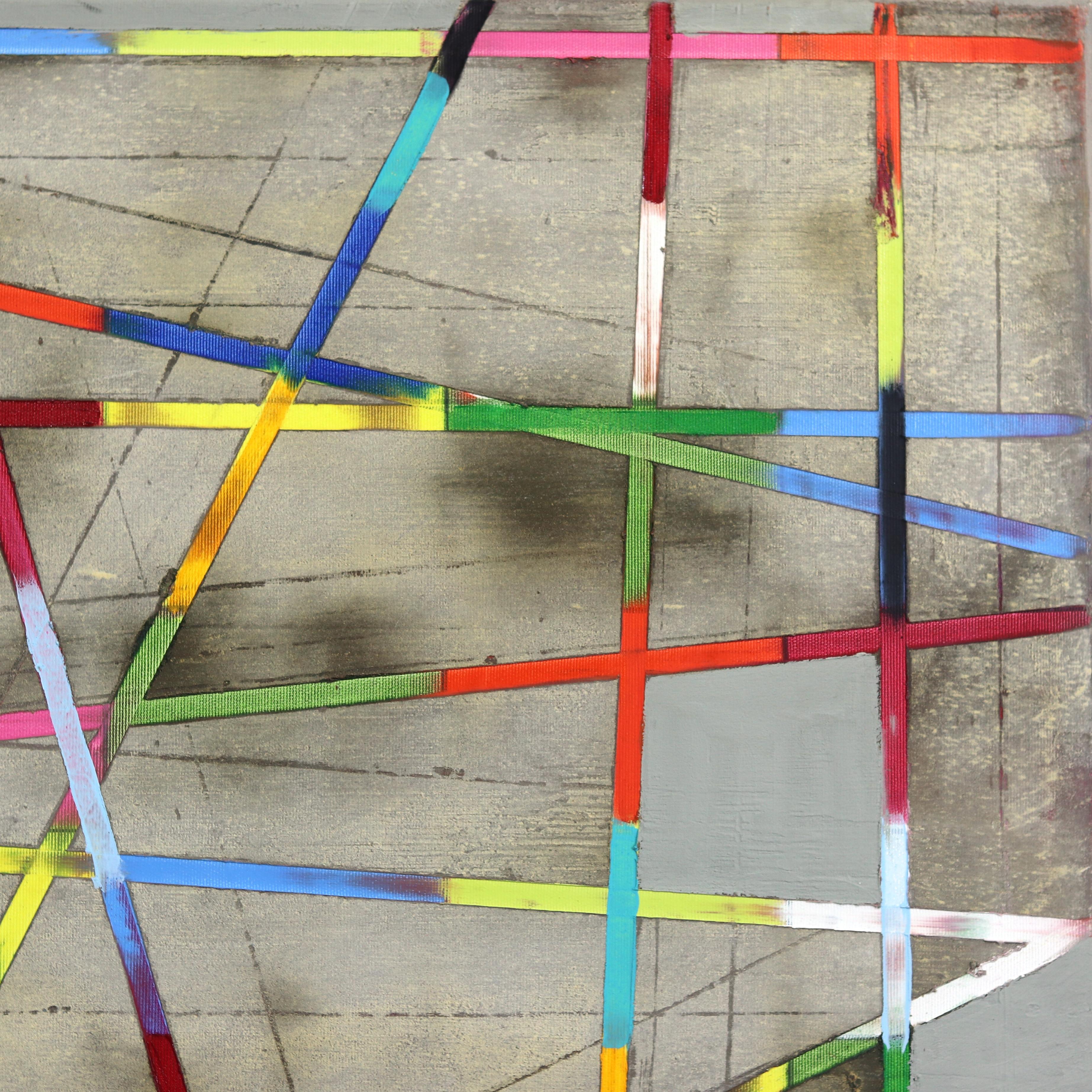 Strisce incrociate -  Pittura geometrica astratta colorata in vendita 2