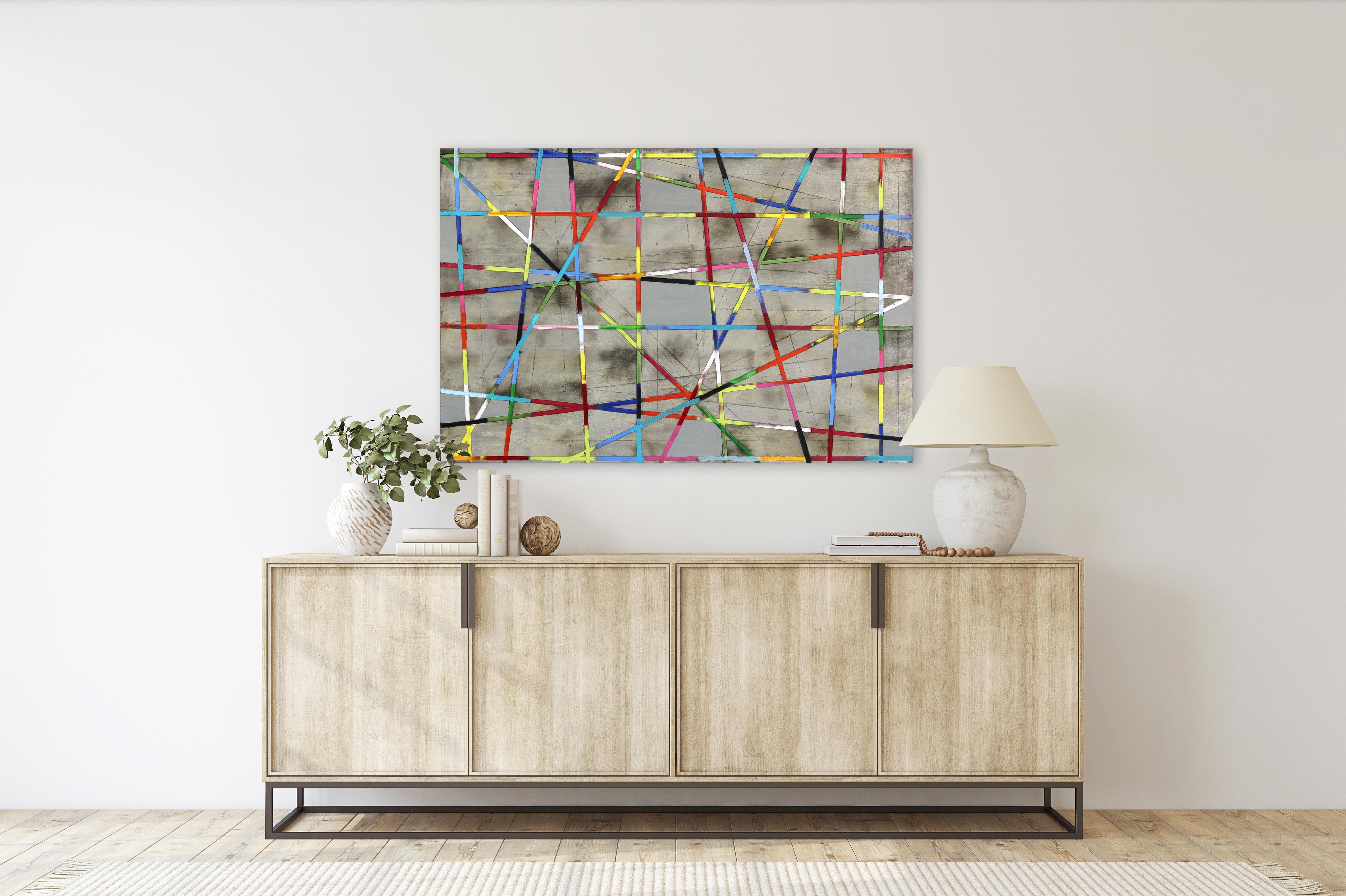 Strisce incrociate -  Pittura geometrica astratta colorata in vendita 3