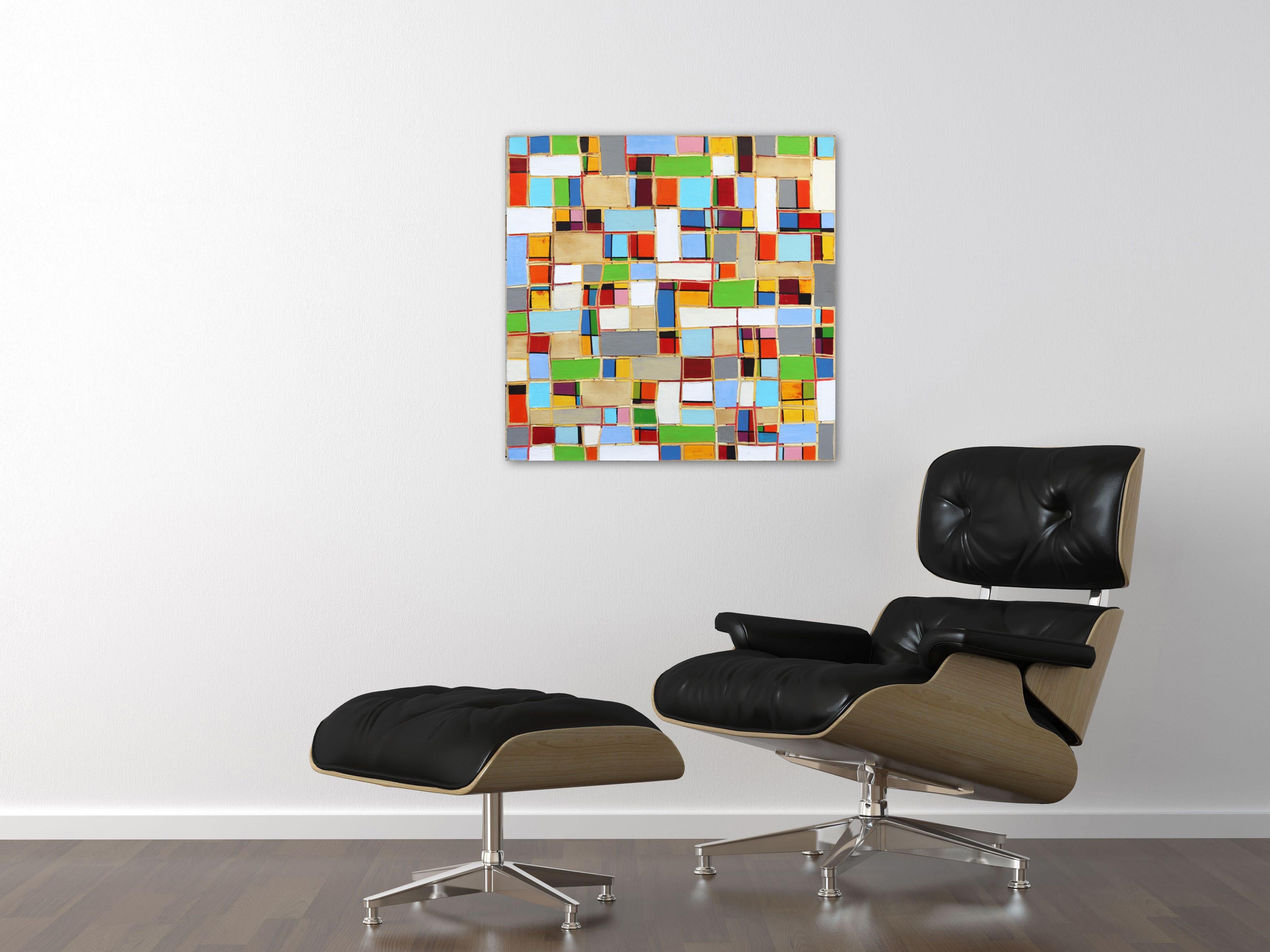 Multi Pattern - Original farbenfrohes geometrisches Ölgemälde mit Textur im Angebot 1
