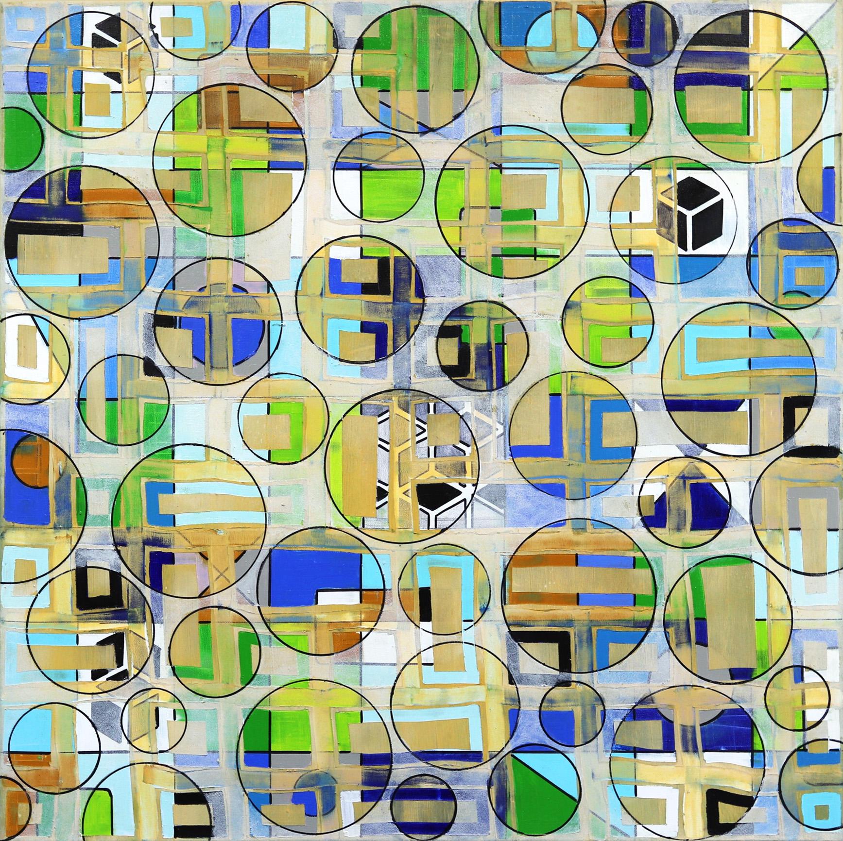 Pattern Green 21 - 1 - Green Oil Painting Geometrical Pattern with Texture - Beige Abstract Painting by Petra Rös-Nickel