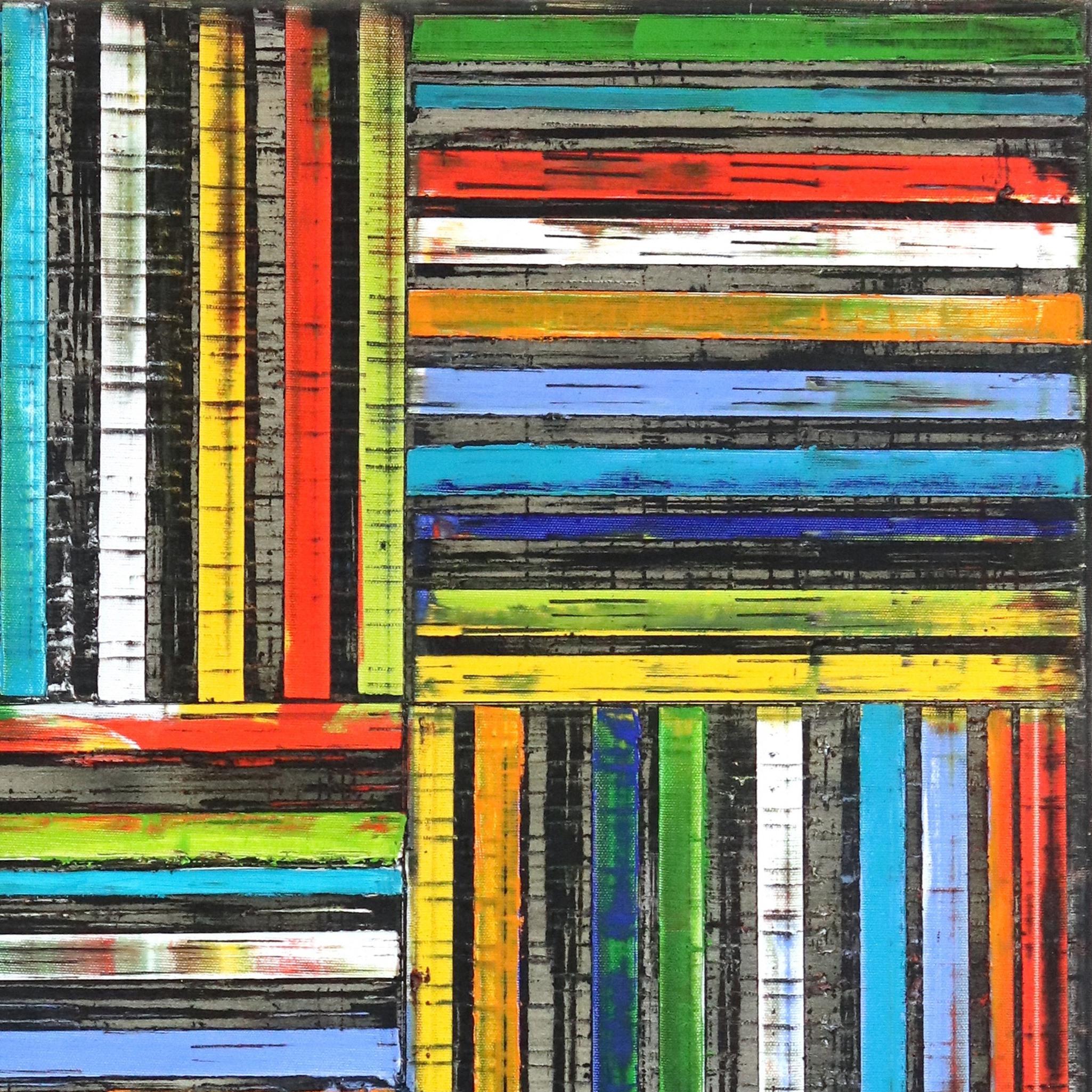 Stripes In Rainbow - Original Colorful Oil Painting Patterned Stripes Texture For Sale 1