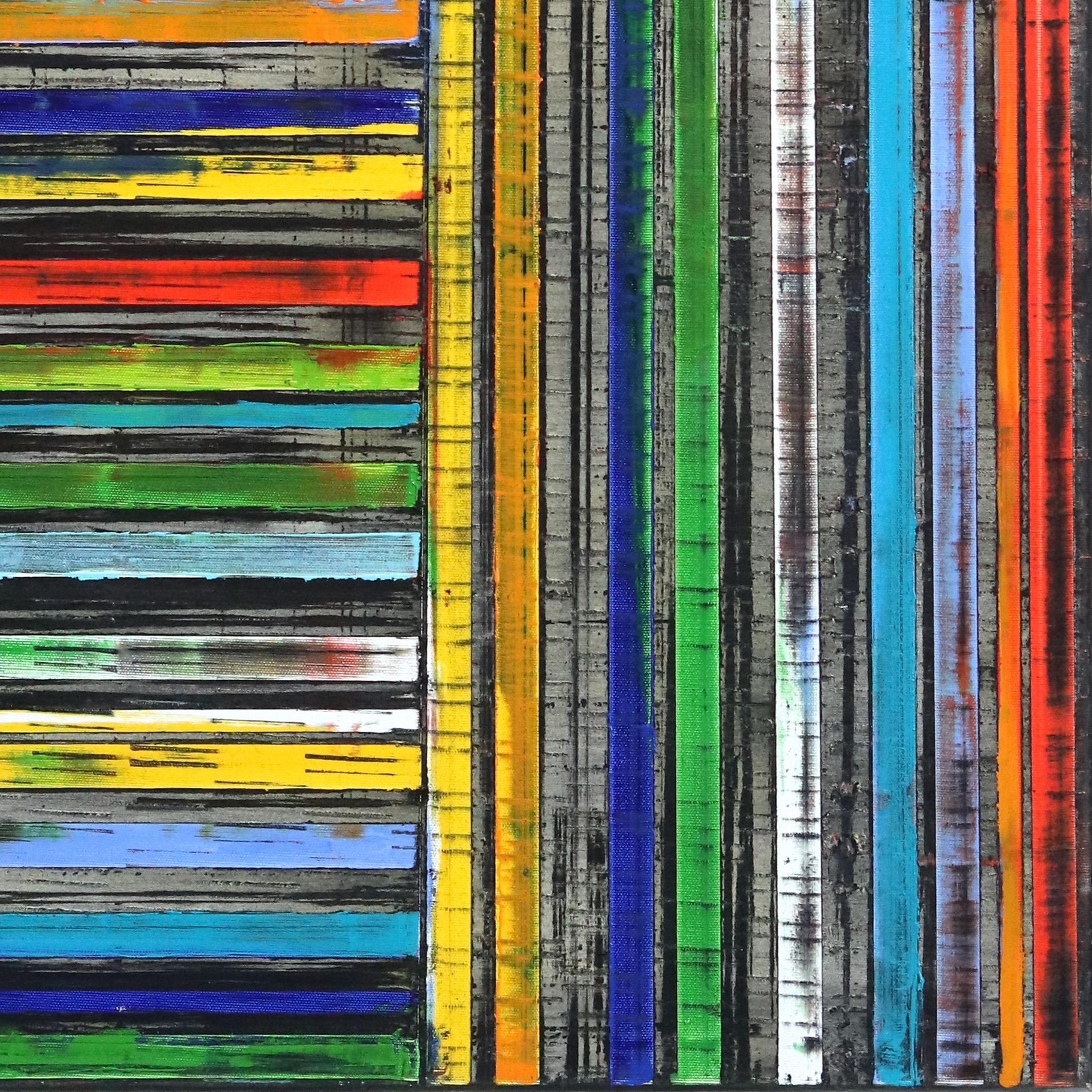 Stripes In Rainbow - Original Colorful Oil Painting Patterned Stripes Texture For Sale 4