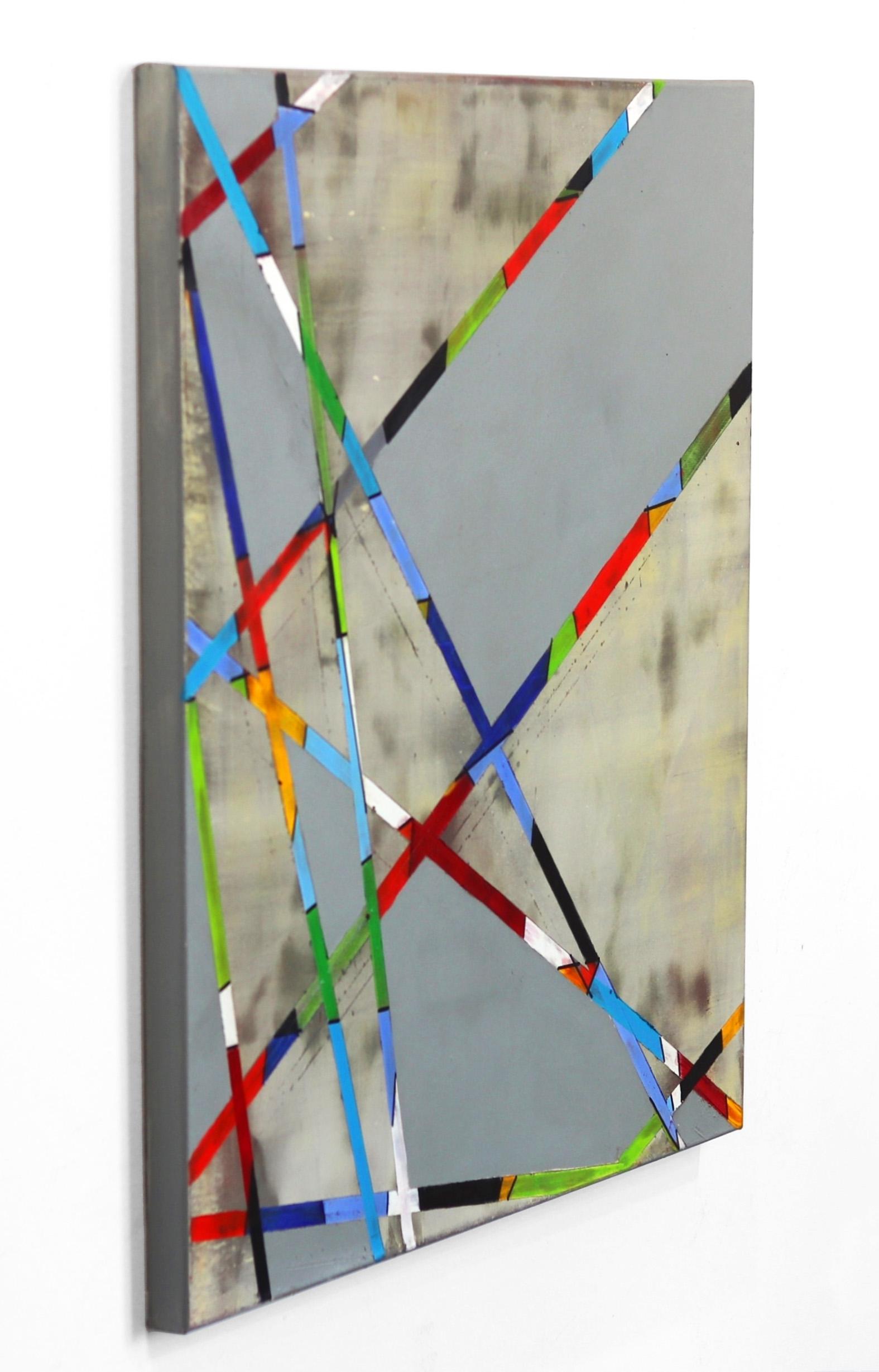 The Line - Original Colorful Oil Painting Stripes Geometrical with Texture - Gray Abstract Painting by Petra Rös-Nickel