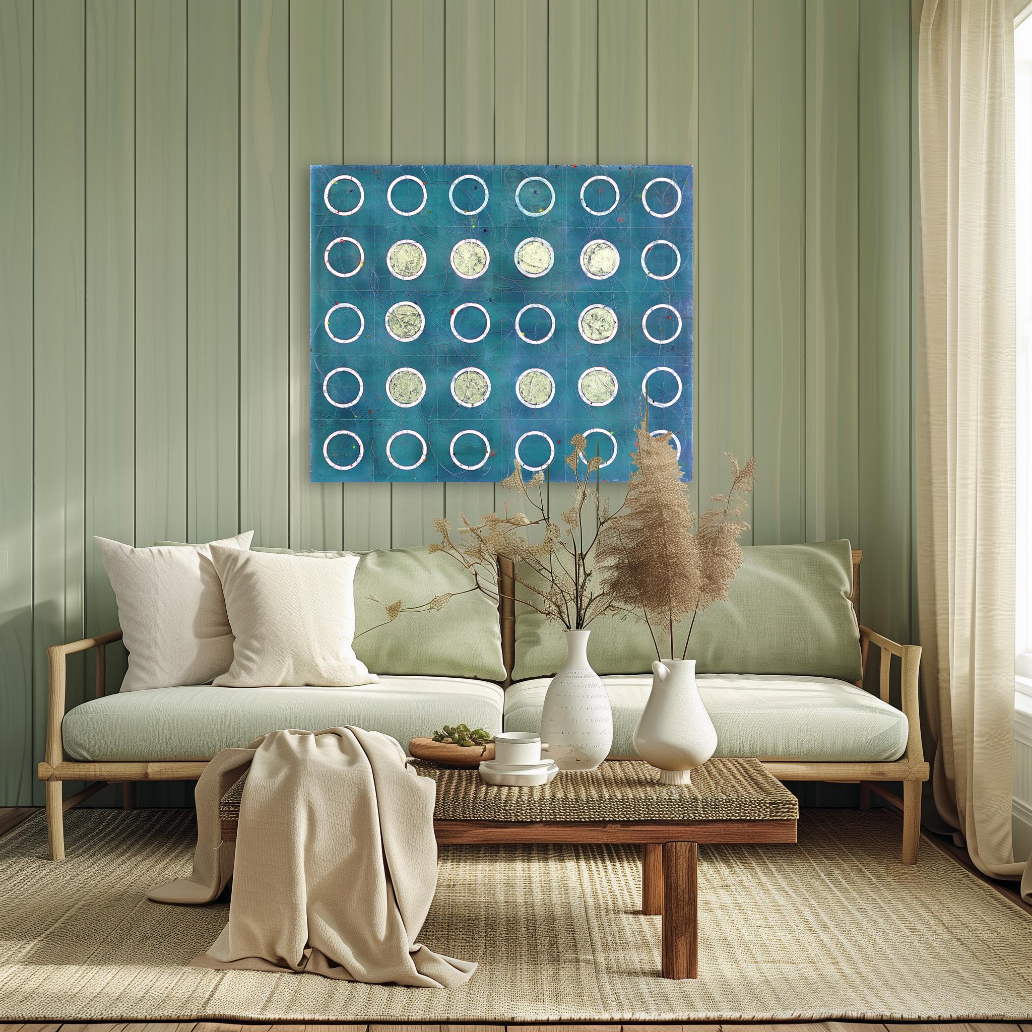 Turchese con Dot Dot - Pittura ad olio astratta geometrica colorata e testurizzata - Mixed Media Art Astrattismo geometrico di Petra Rös-Nickel