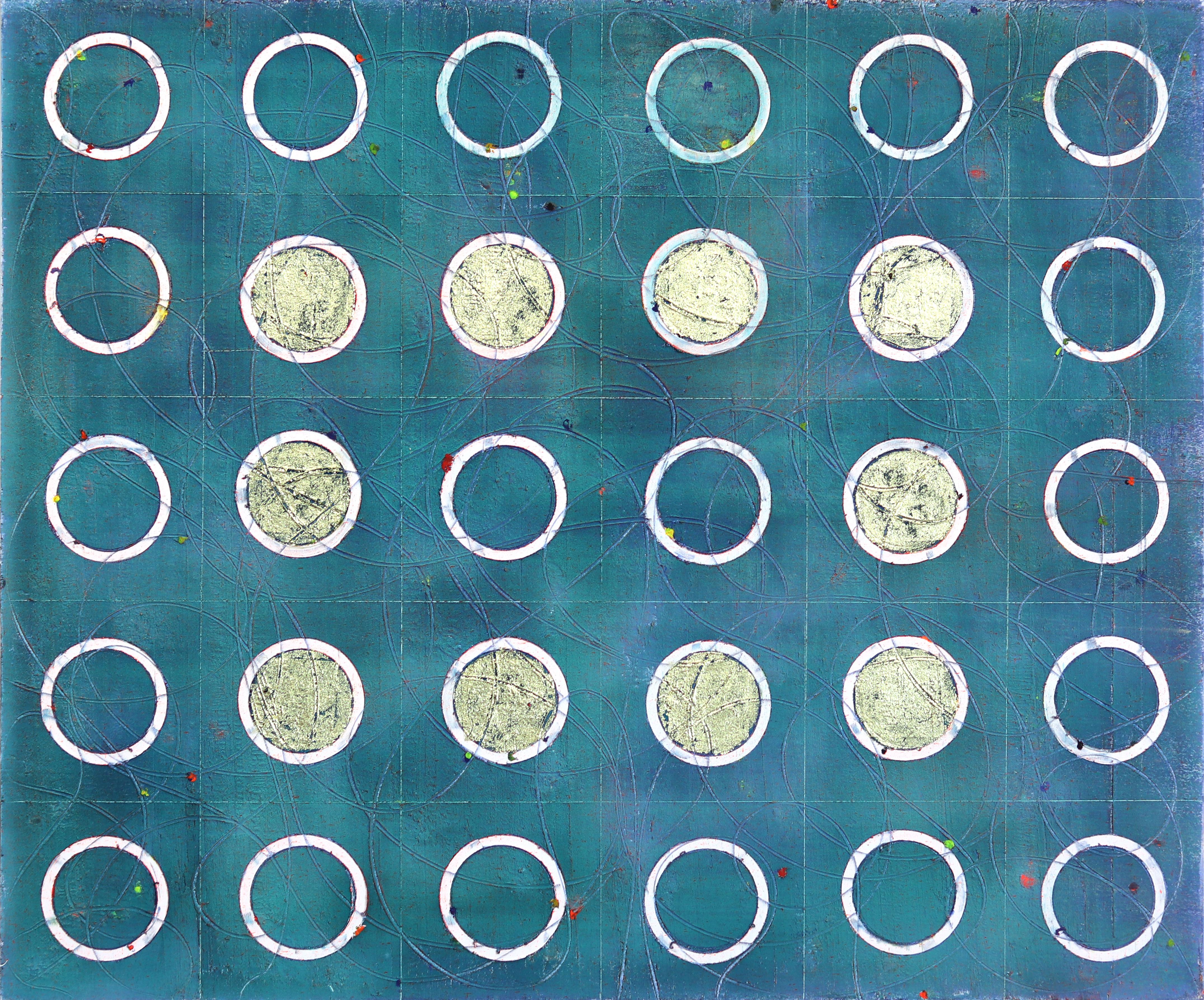 Turchese con Dot Dot - Pittura ad olio astratta geometrica colorata e testurizzata - Mixed Media Art di Petra Rös-Nickel