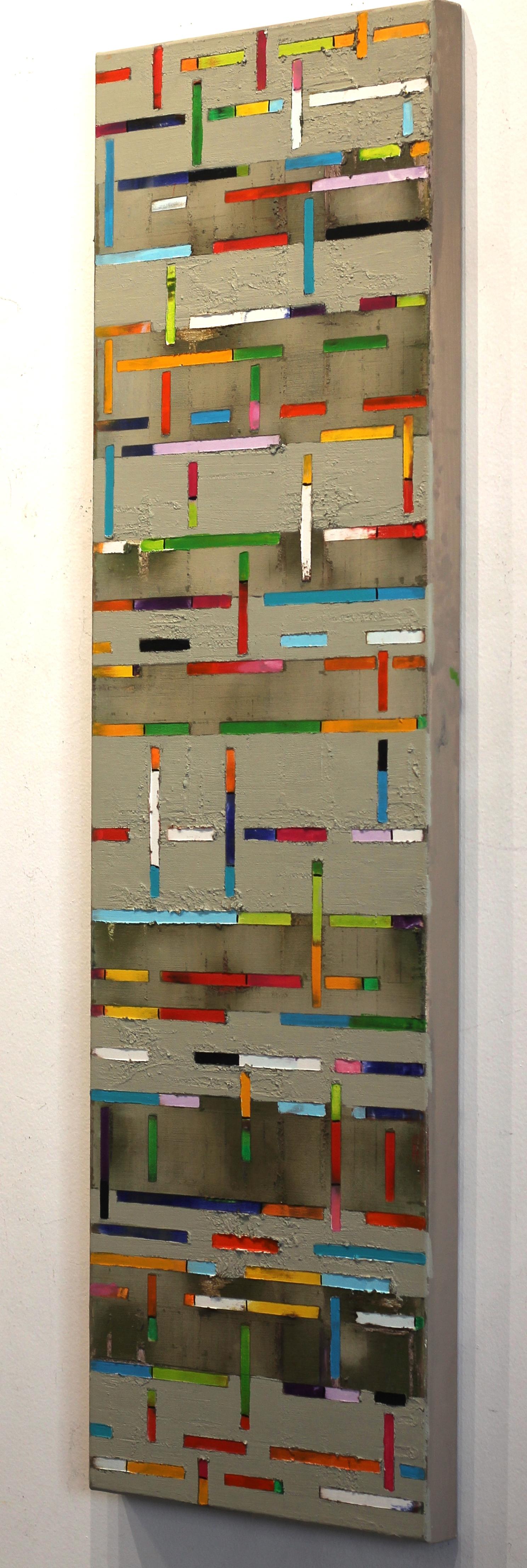 Up and Down - Großes geometrisches abstraktes, farbenfrohes, strukturiertes Ölgemälde (Schwarz), Abstract Painting, von Petra Rös-Nickel