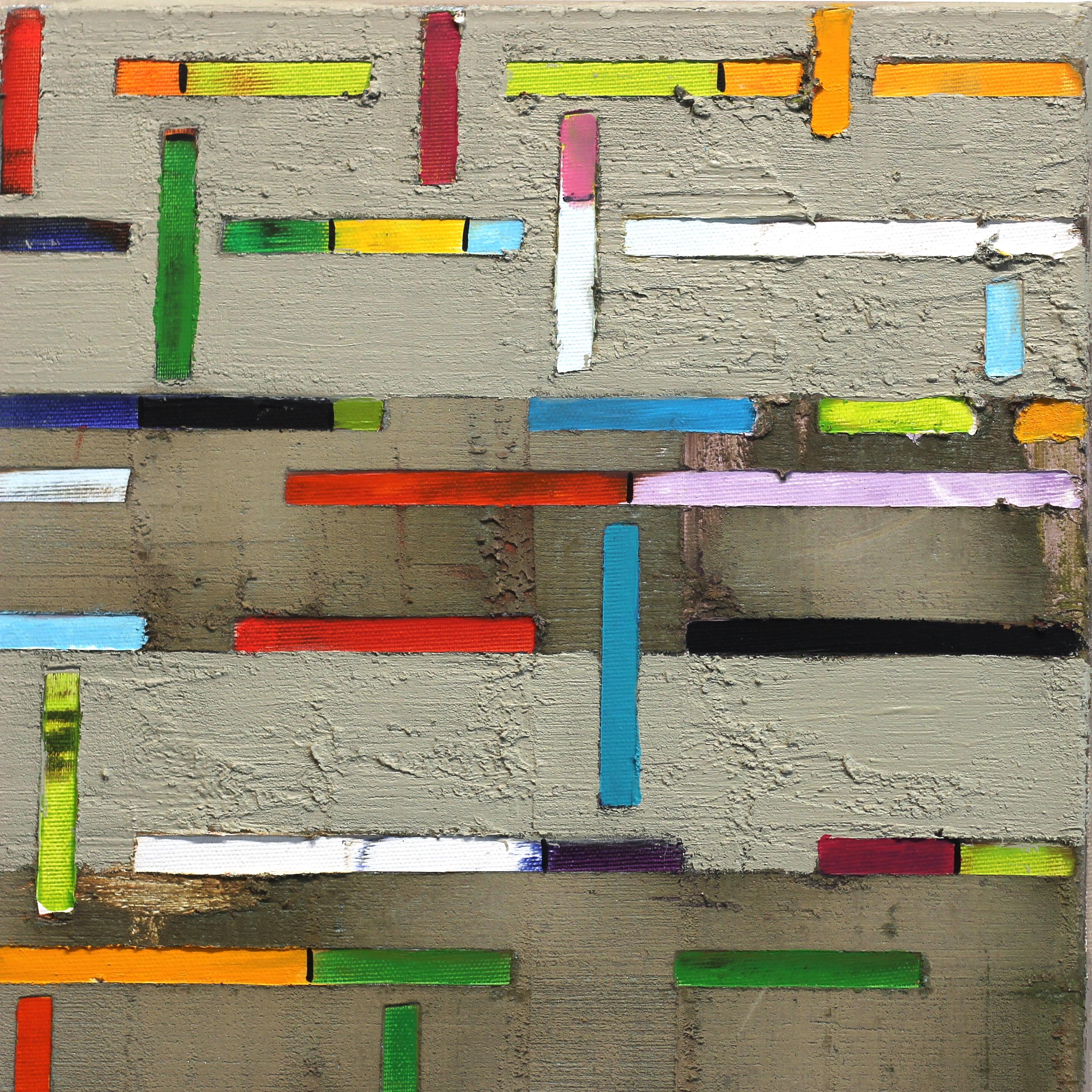 Petra Rös-Nickels originelle Gemälde vereinen verspielte Formen, leuchtende Farben und architektonische Kompositionen in Öl und Mischtechnik auf Leinwand. Ihre zeitgenössischen Kunstwerke enthalten reiche Texturen und Muster, die sich auf das