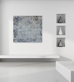Waves Blue Grey - Original Abstraktes geometrisches Gemälde in Mischtechnik