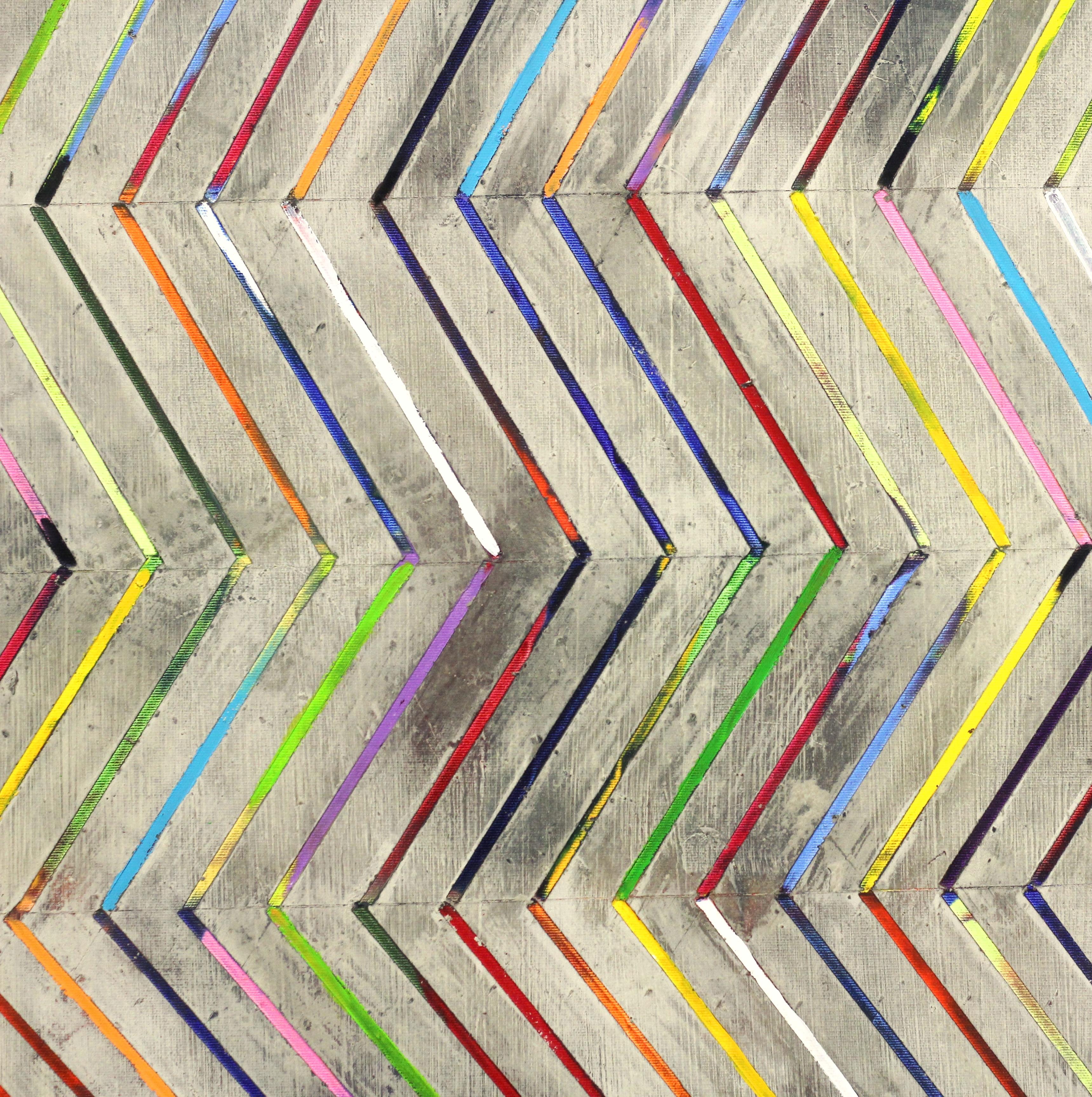 Zig Zag 16-3-1 - Original Colorful Oil Painting Patterned Stripes with Texture For Sale 2
