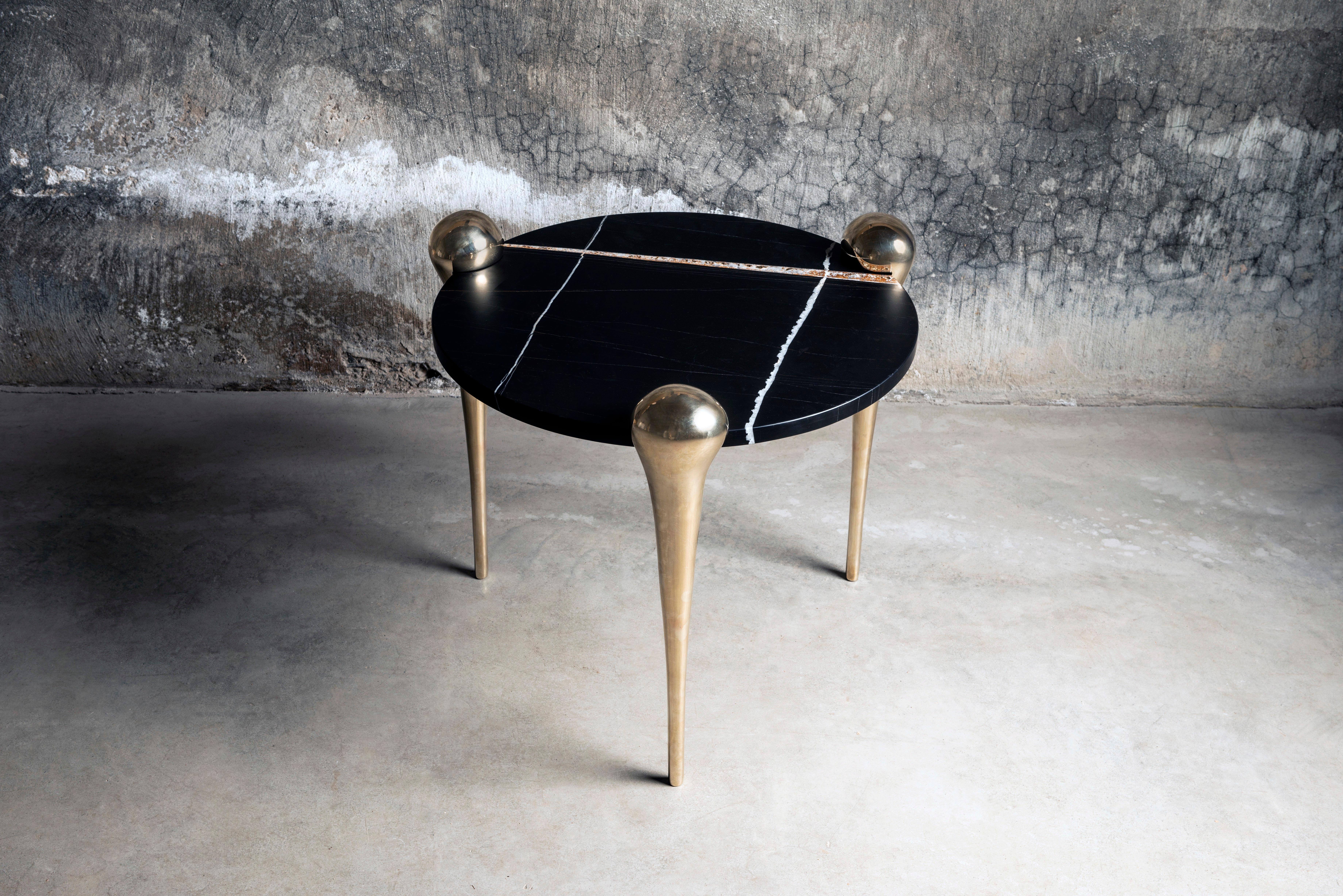 Contemporary Konekt Petra Side Table with Sahara Noir Marble and Cast Bronze Legs For Sale