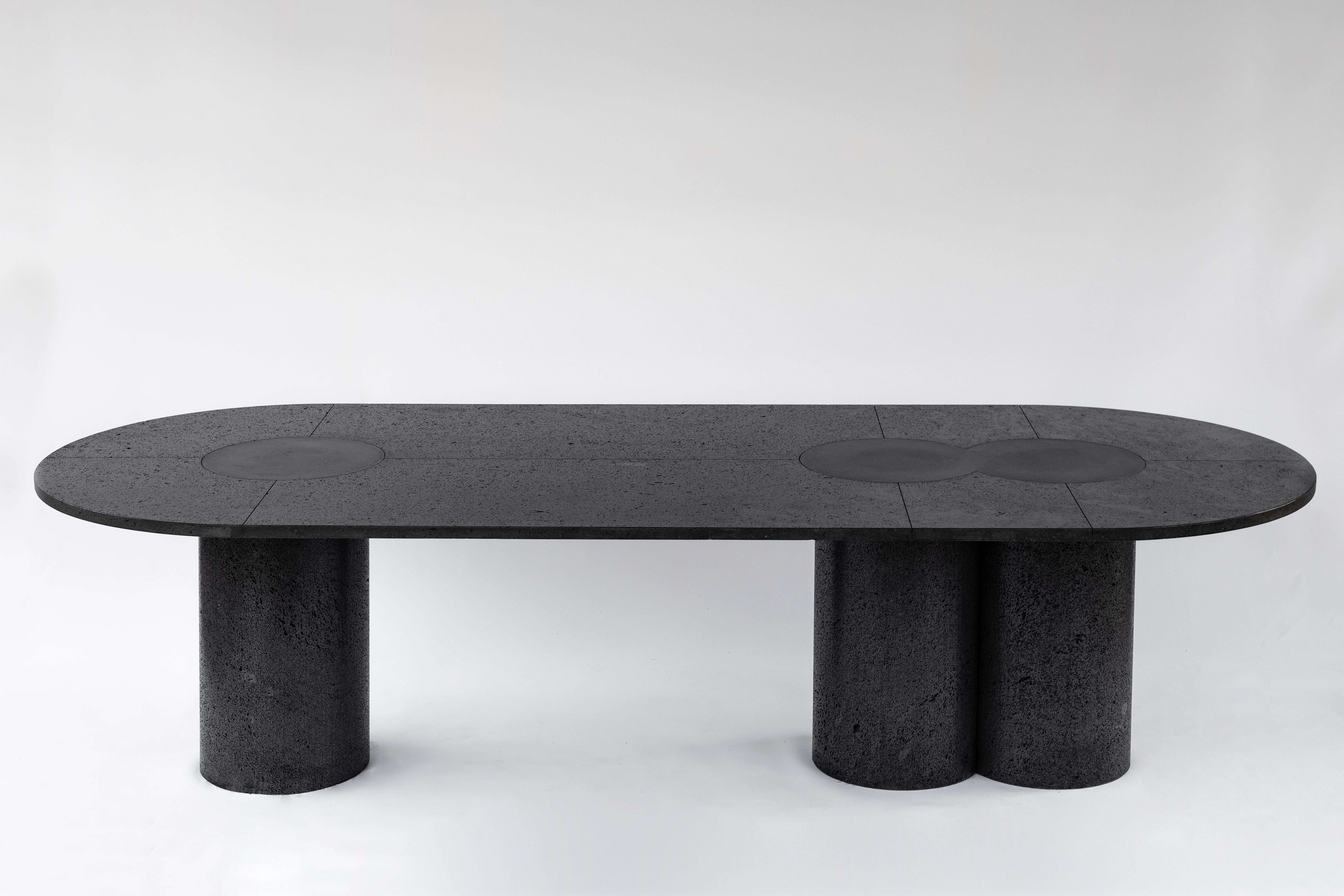 Our reverence towards the sumptuosness of volcanic stone has lead us to honor this noble material with a table / sculpture whose rich, porous top sits on top of three cylindrical monoliths born from the whims of Mexico's volcanic terrain.
Etched