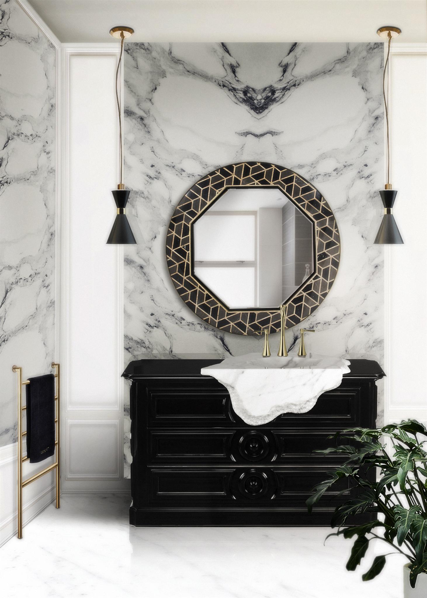 Marble Petra Washbasin with High Gloss Black Lacquered Wood Structure
