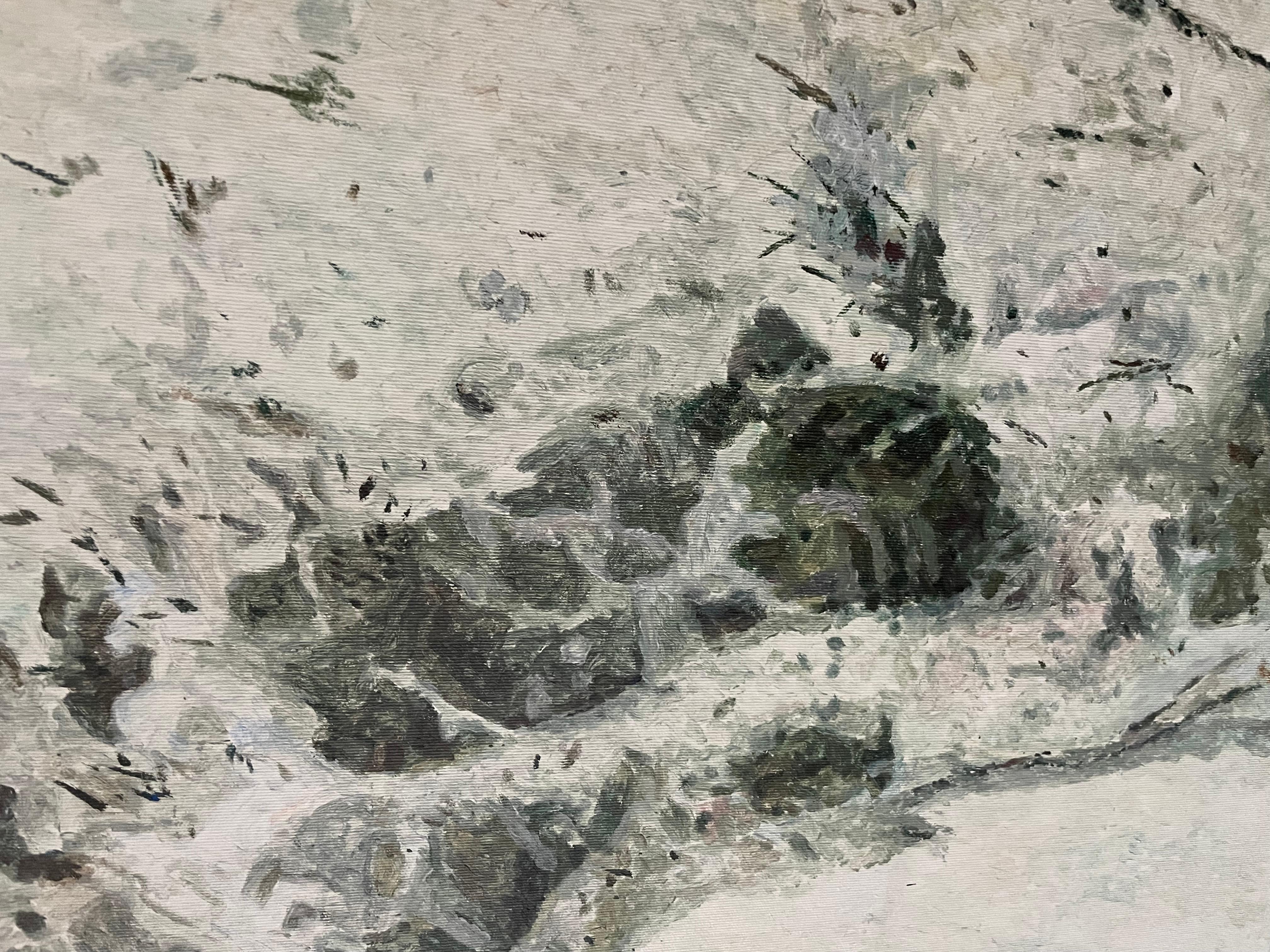 Pittura figurativa contemporanea su tela - Impronte di neve in 3D - Landscape Painting Grigio di Petras Lincevicius