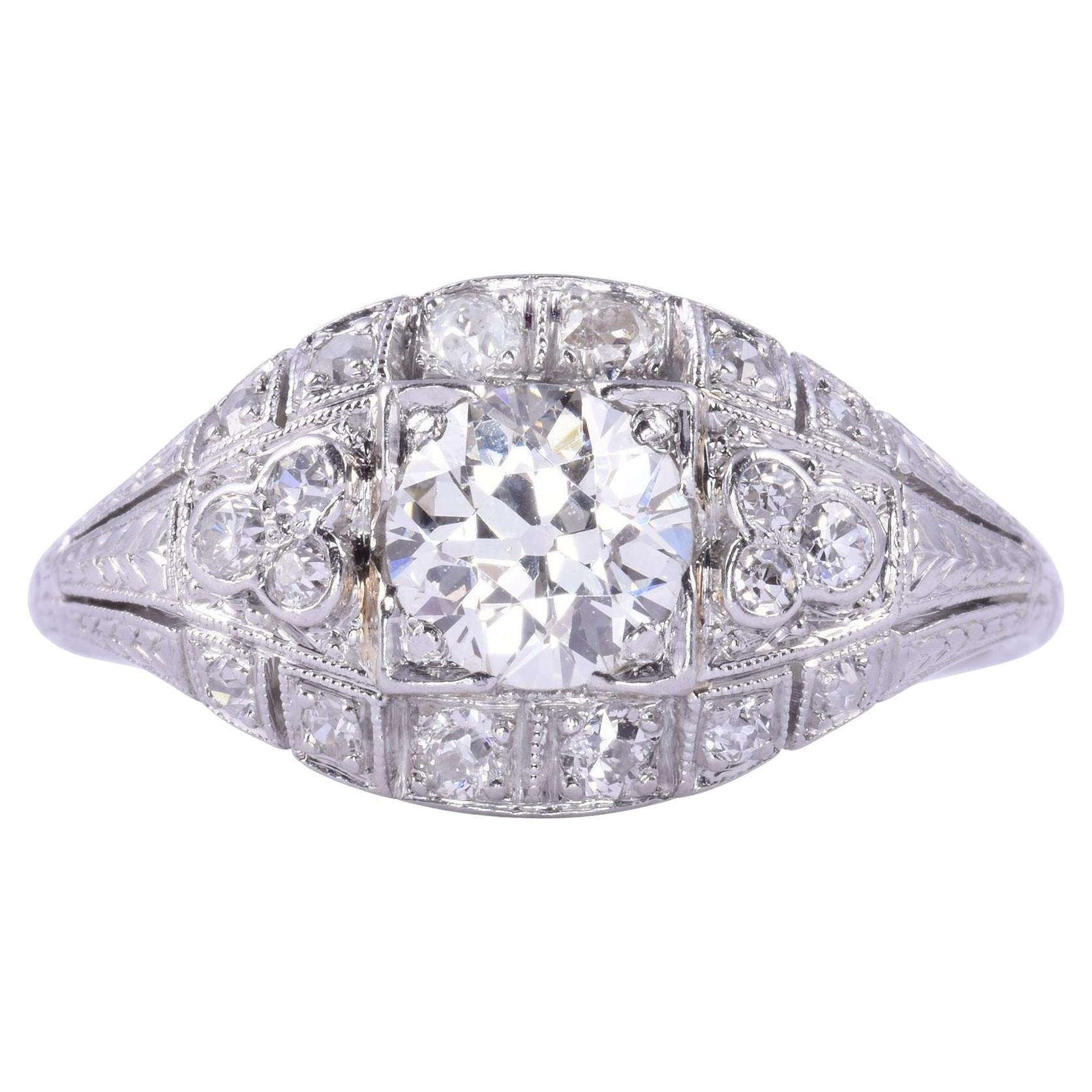 Petri Art Deco Platinum Diamond Engagement Ring For Sale