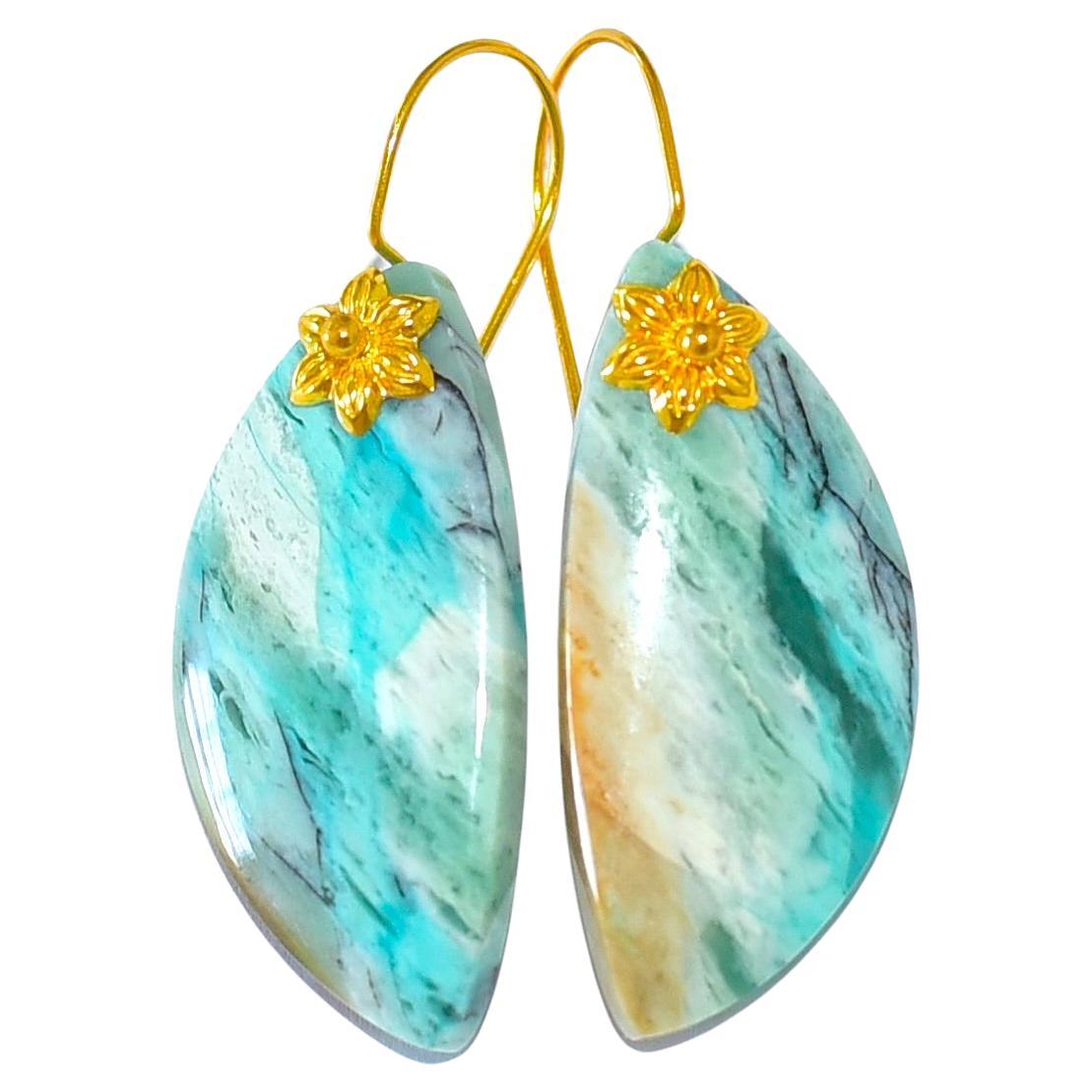 Petrified Fossilized Wood Earrings in 18K Solid Yellow Gold For Sale