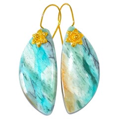 Petrified Fossilized Wood Earrings in 18K Solid Yellow Gold