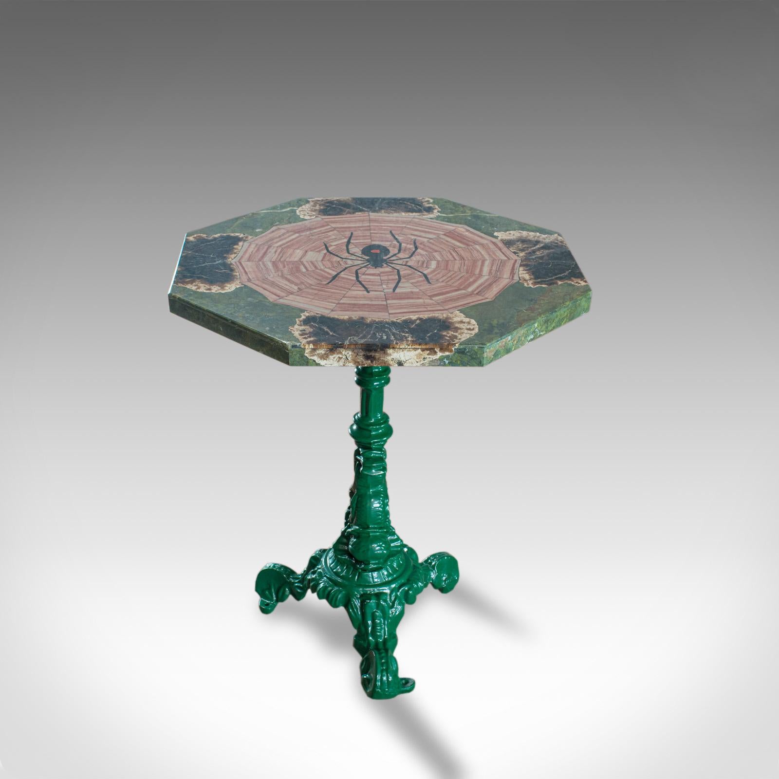 'Petrified of Spiders' is a spider motif table. An English, marble Pietra Dura on cast iron base by Dominic Hurley and dating to the 20th century.

An original work by renowned sculptural artist Dominic Hurley of Devon
Octagonal tabletop features