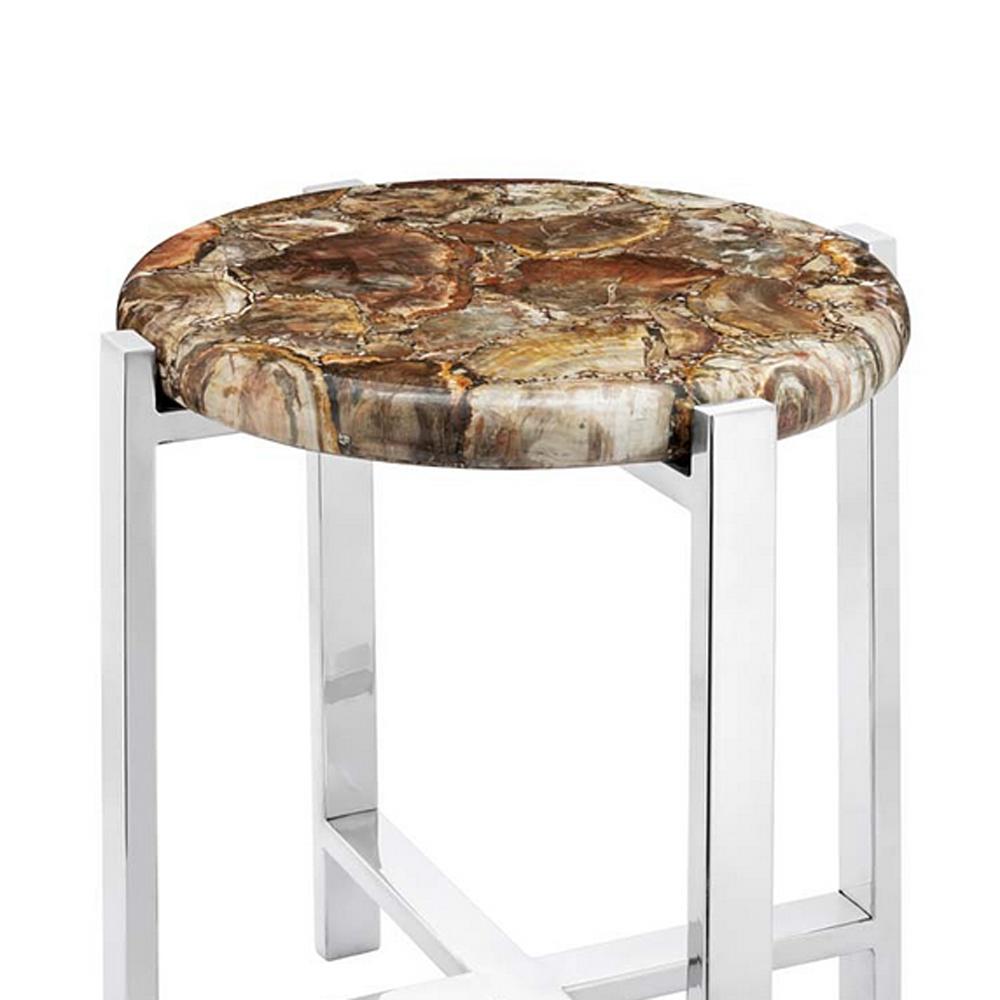 Table d'appoint en bois pétrifié avec plateau en bois naturel
dessus en bois pétrifié et avec base en
métal en finition chromée.