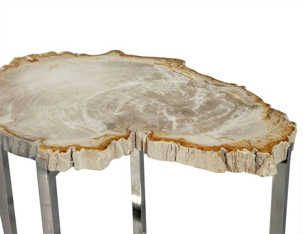 Petrified wood accent table features a thick slab top of petrified wood mounted on a polished nickel x-frame base. Sleek and interesting, the perfect balance to add a natural yet unique element into your space. Please note the Petrified wood details